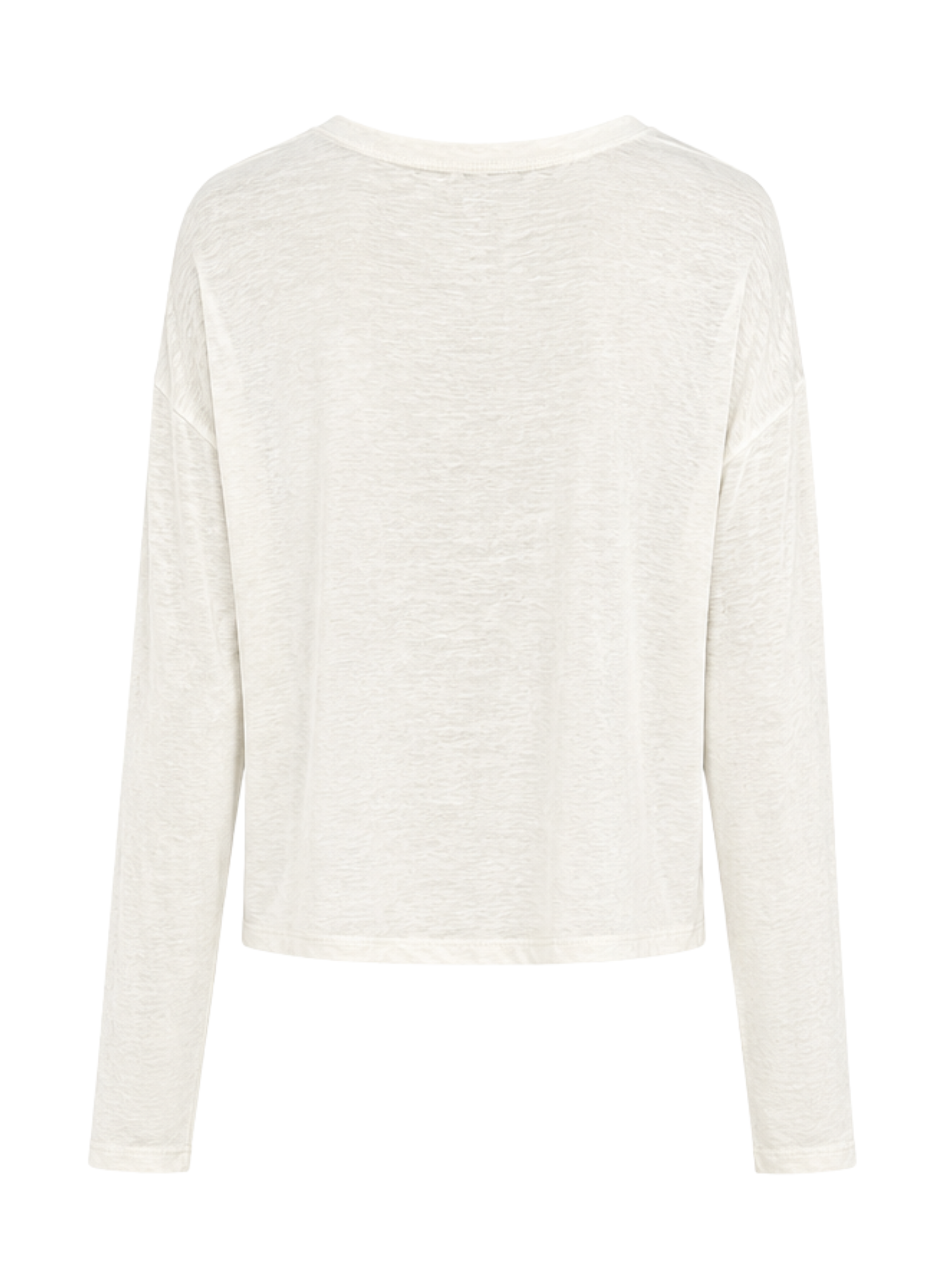 A long-sleeve cropped knit top in a warm off-white color, shown from the back against a plain white background.