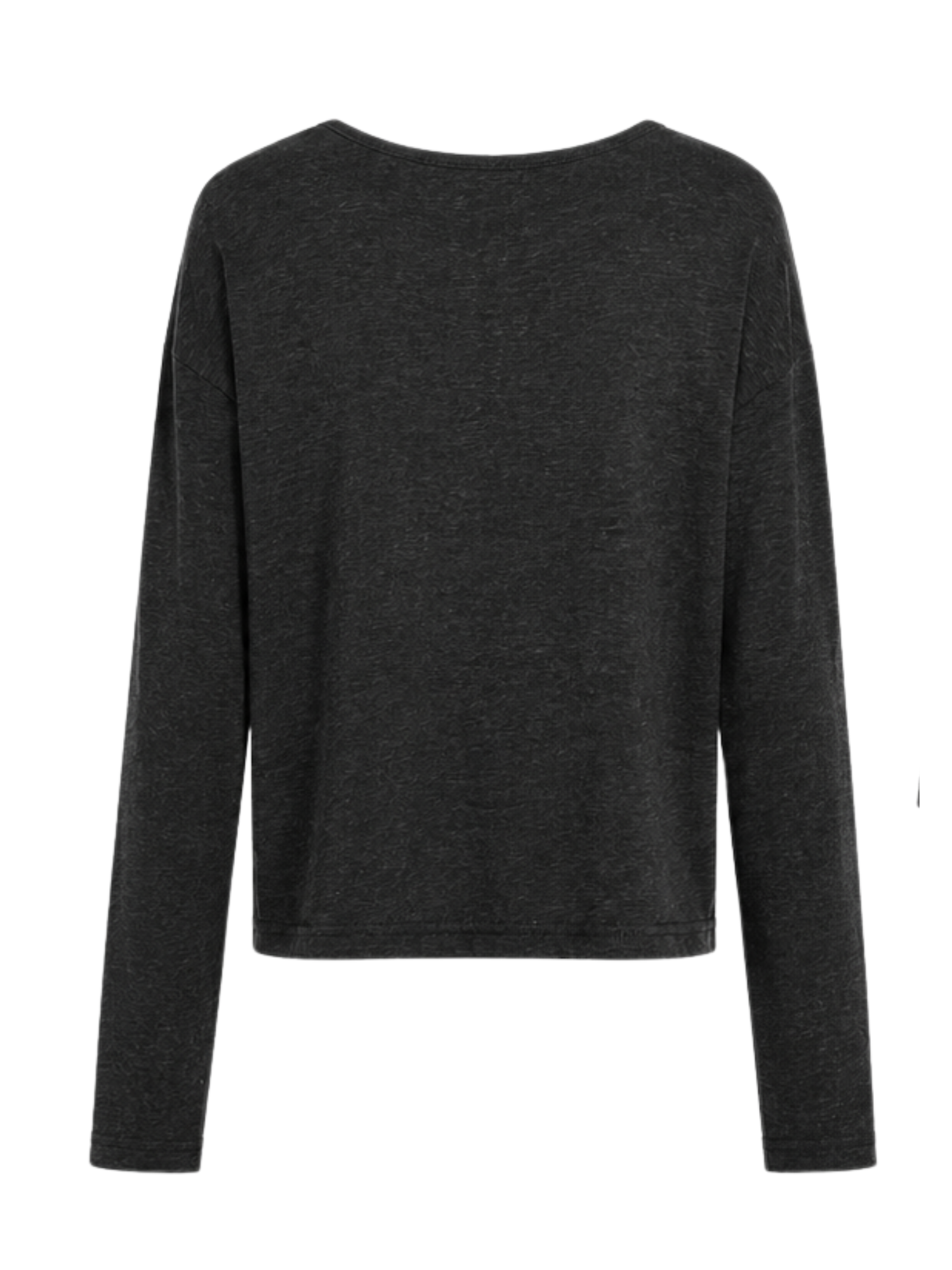 A dark charcoal gray long-sleeve knit top with a wide boat neckline, shown from the back on a plain white background.