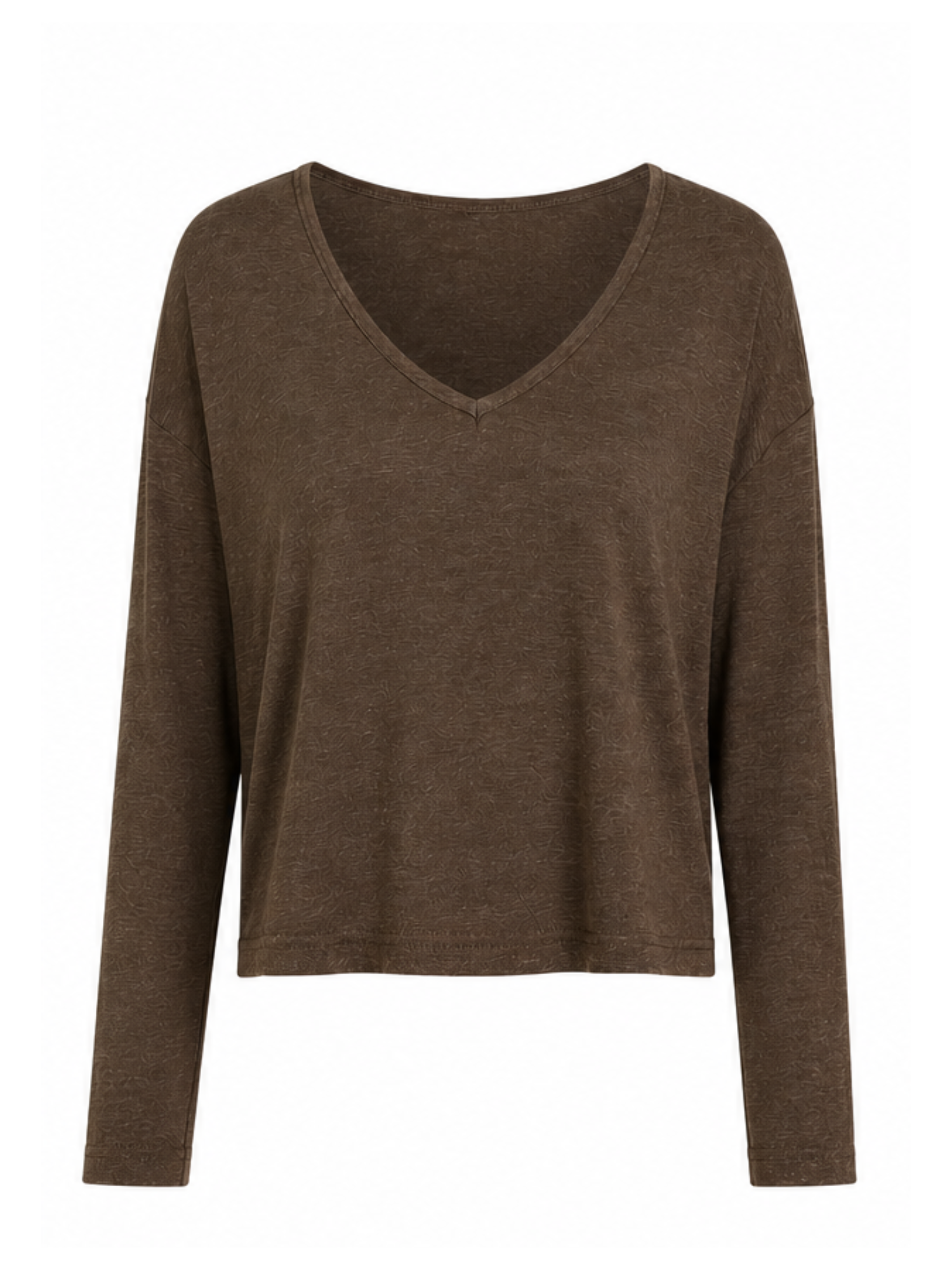 A brown long-sleeve knit top with a wide scoop V-neck, displayed on a clean white background.