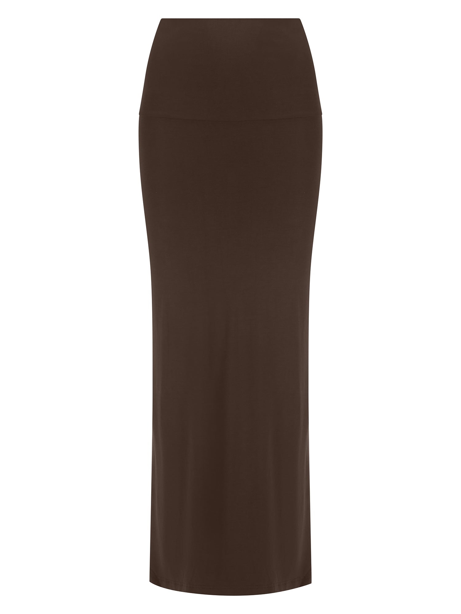 Cocoa brown maxi pencil skirt with side split on a white background