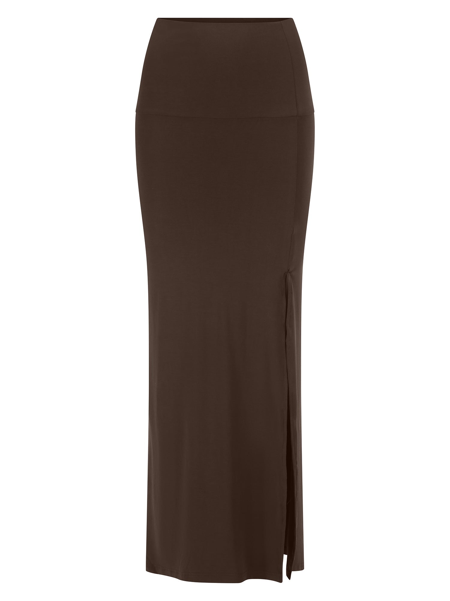 Cocoa brown maxi pencil skirt with side split on a white background