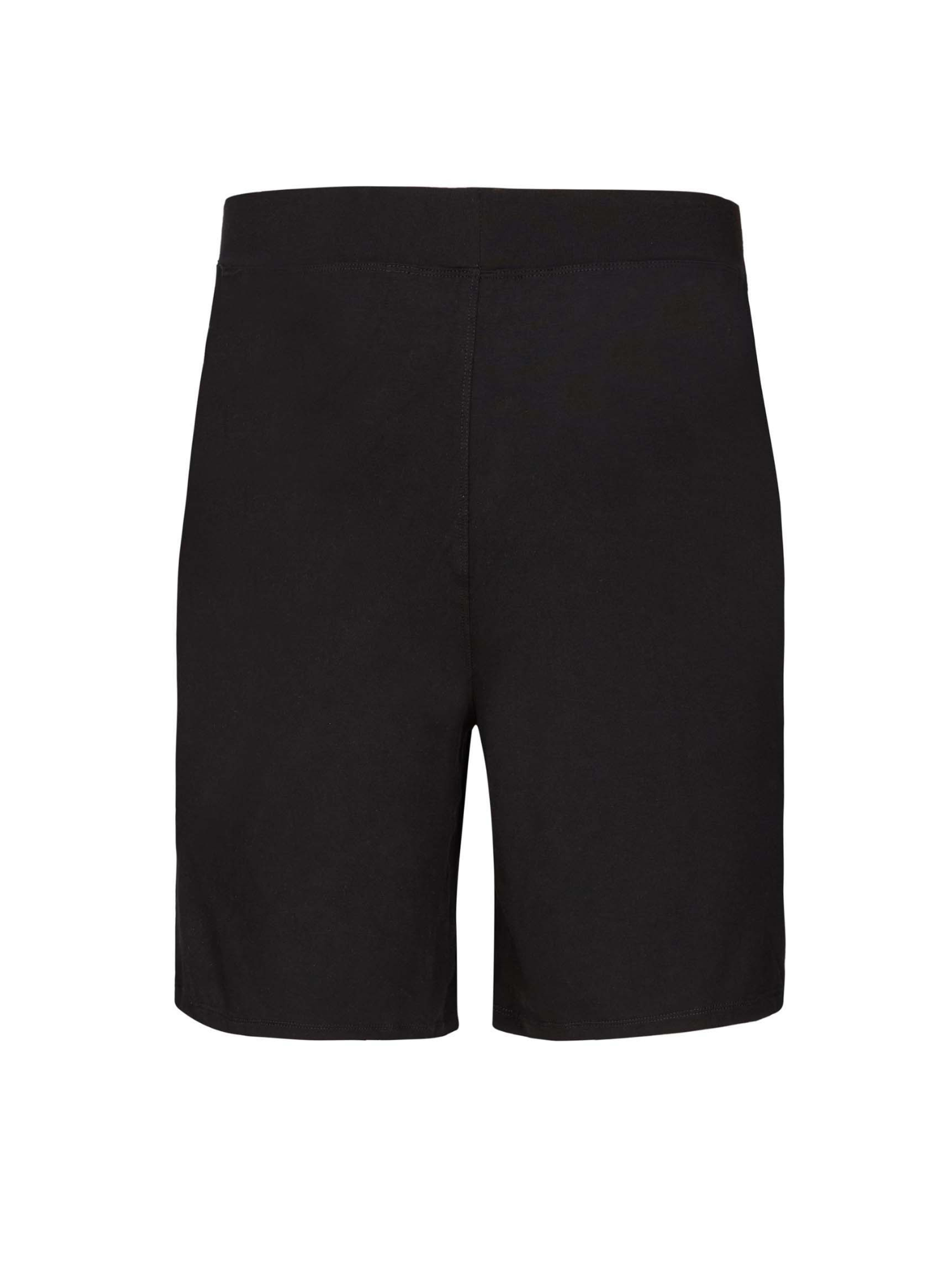 Black casual shorts, above knee length with fly front detailing, pockets and elasticised waistband, men's bamboo clothing