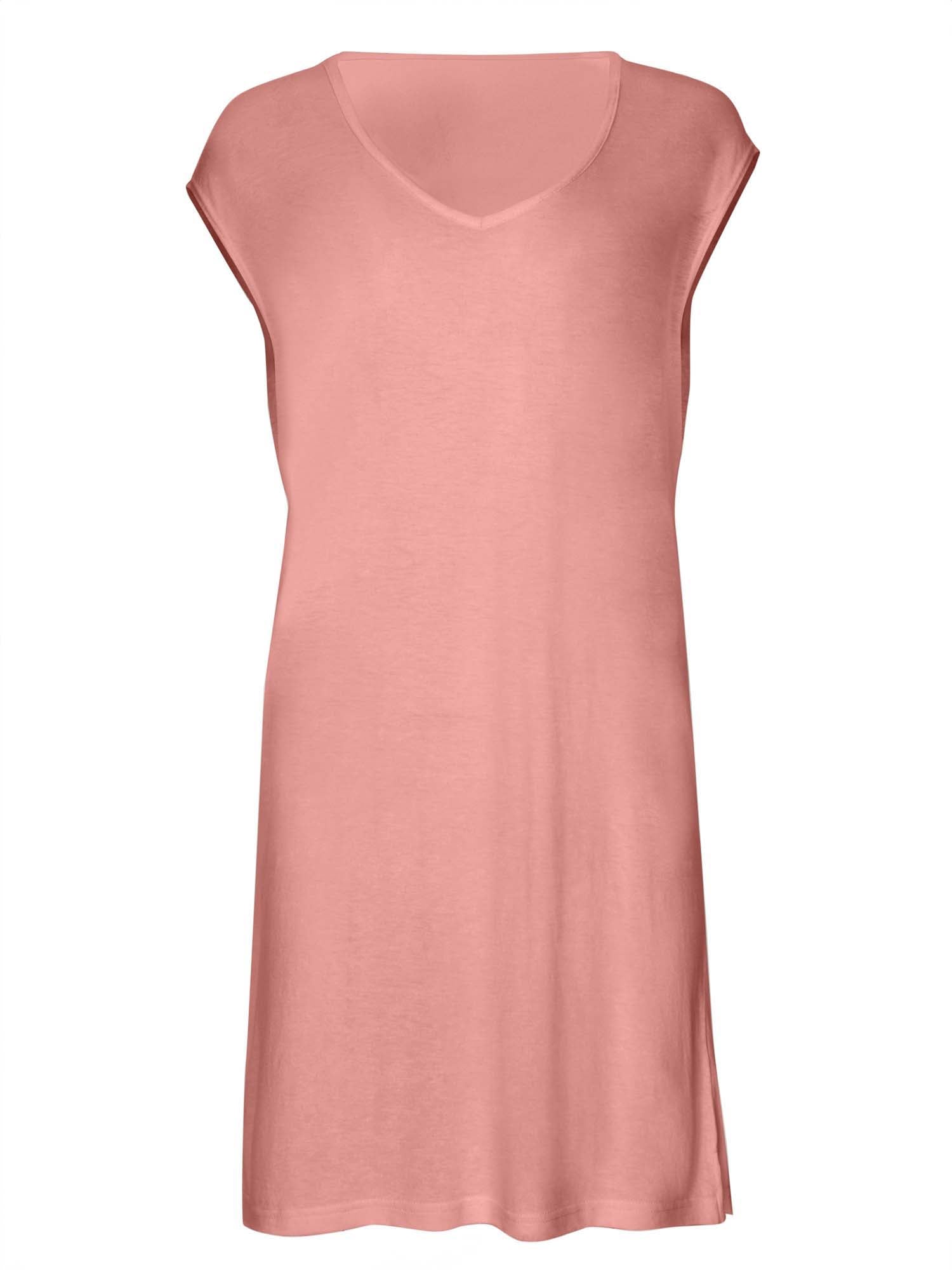 Reversible bamboo dusty pink cap sleeved boxy dress with boat and relaxed v necklines, women's bamboo clothing