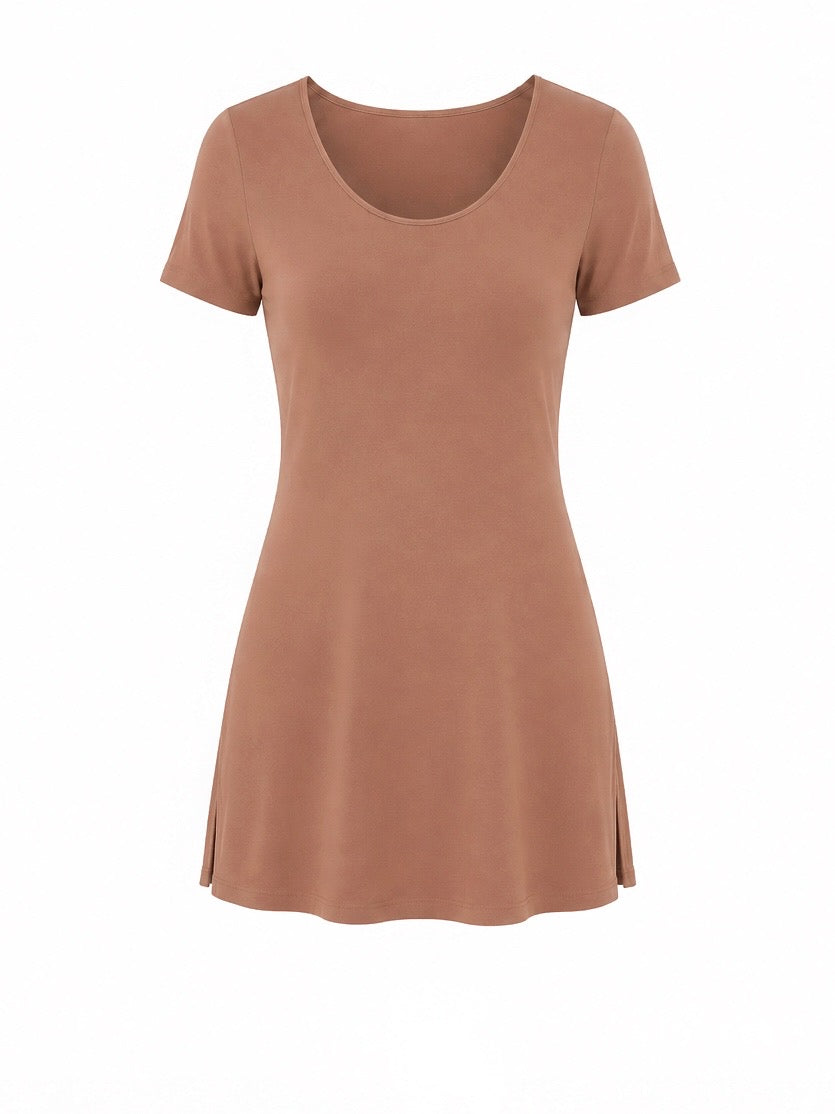 A short-sleeve scoop-neck tunic dress in a tan toffee color, displayed on a clean white background.