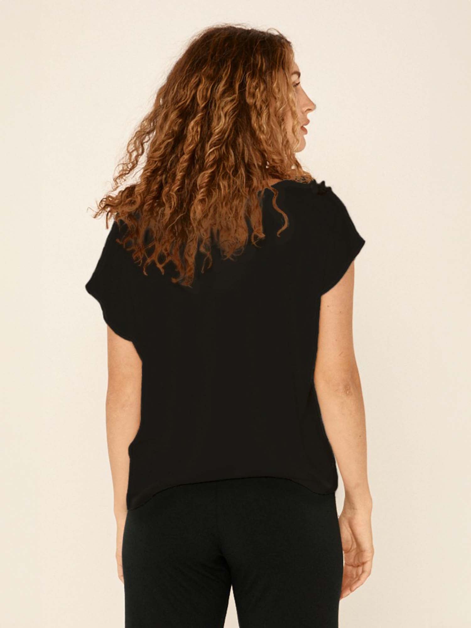 Reversible bamboo black cap sleeved boxy t-shirt with boat and relaxed v necklines, women's bamboo clothing