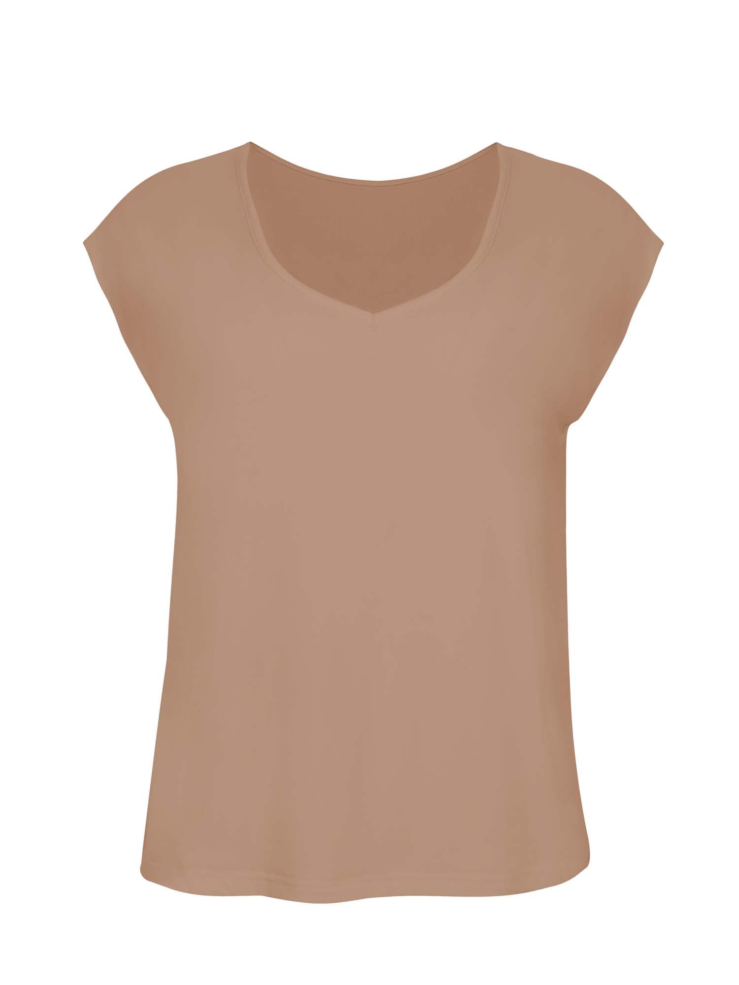 Model wearing a reversible caramel brown cap sleeved boxy style t-shirt with boat and v necklines, a loose oversized fit, women's bamboo clothing