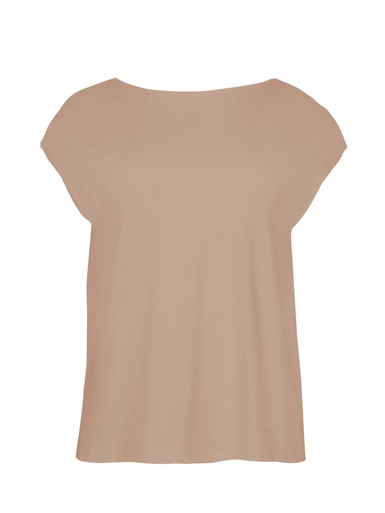 Model wearing a reversible caramel brown cap sleeved boxy style t-shirt with boat and v necklines, a loose oversized fit, women's bamboo clothing