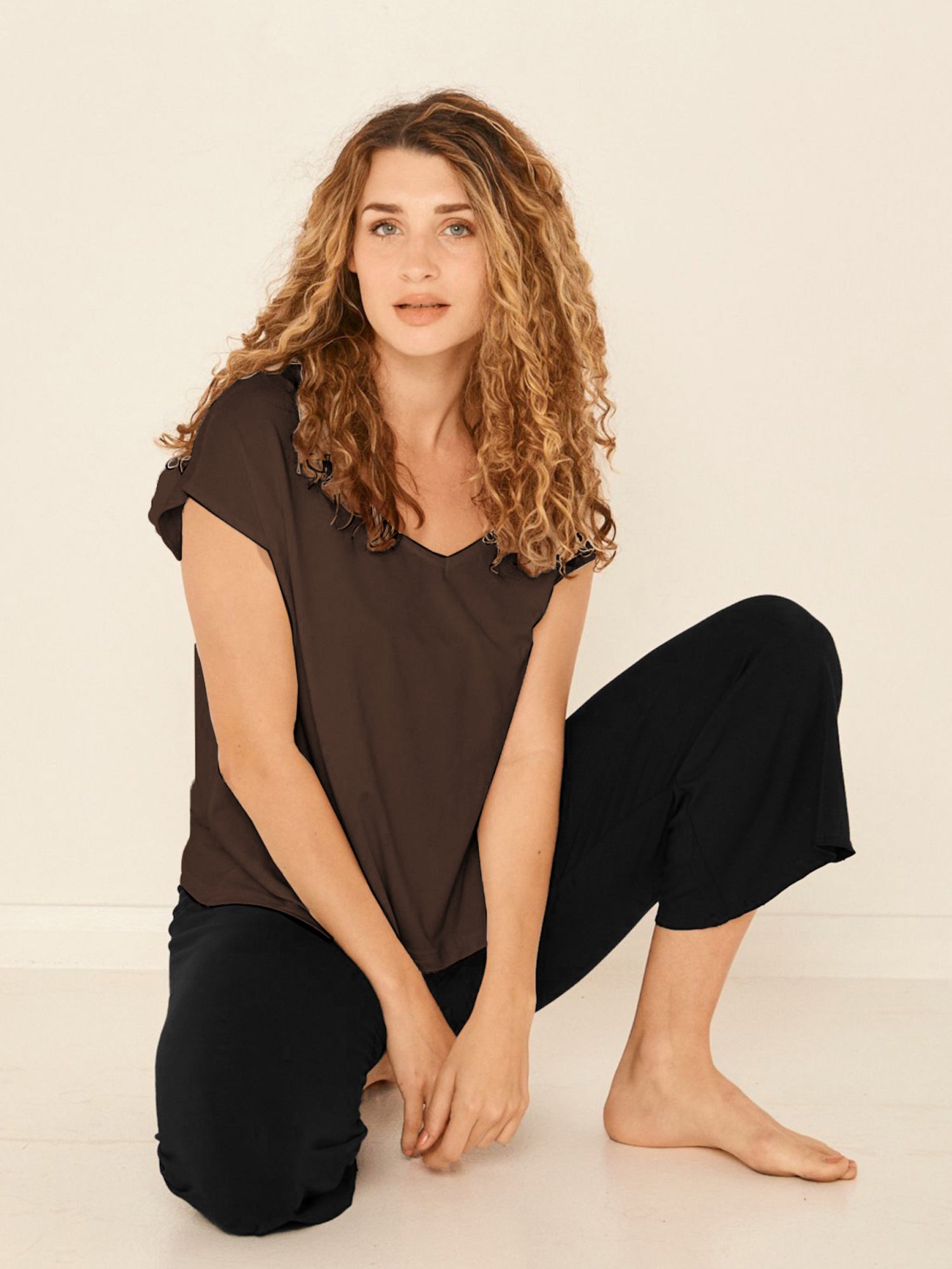Reversible bamboo cocoa brown cap sleeved boxy t-shirt with boat and relaxed v necklines, women's bamboo clothing