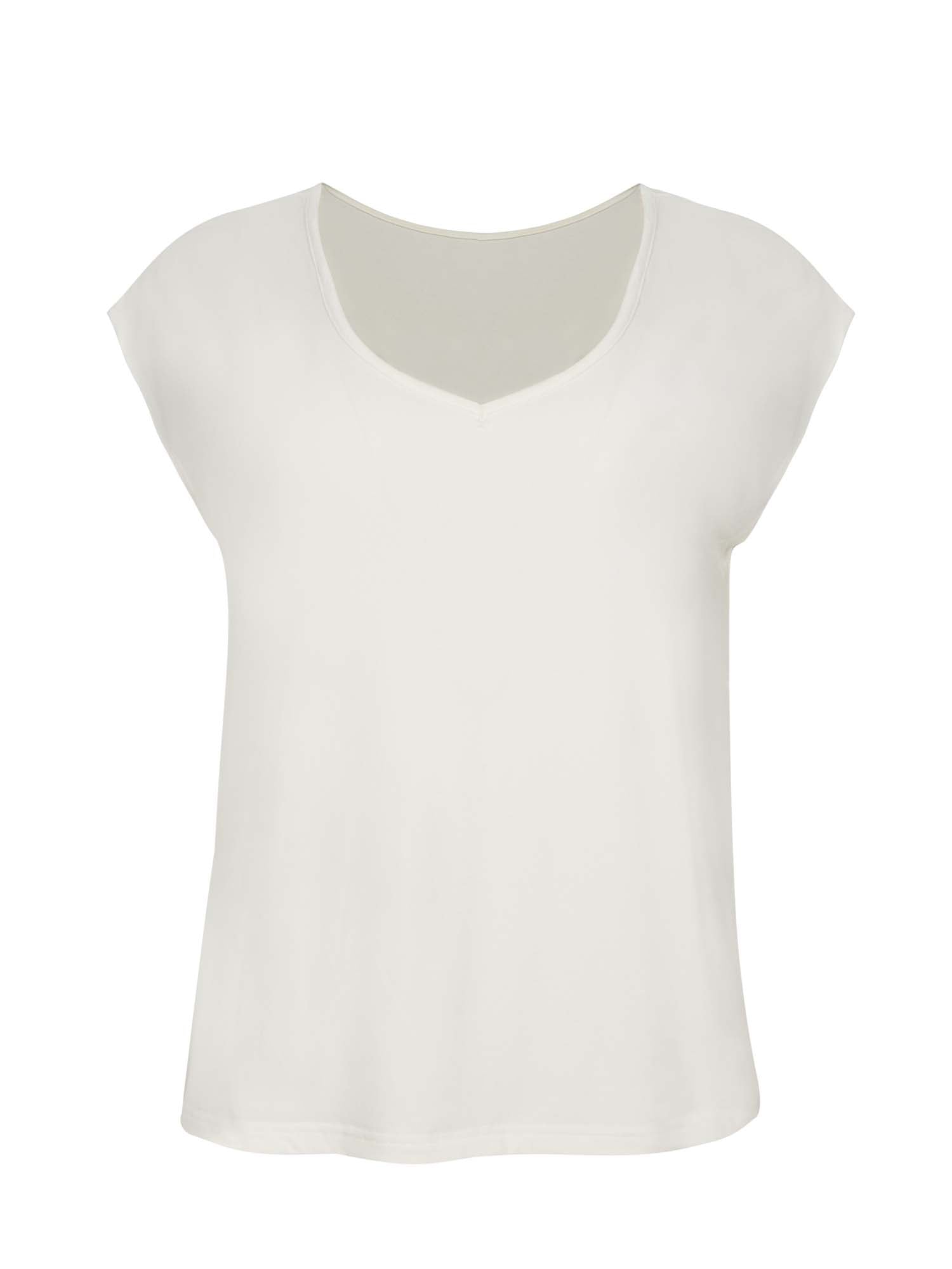 Reversible bamboo cream cap sleeved boxy t-shirt with boat and relaxed v necklines, women's bamboo clothing