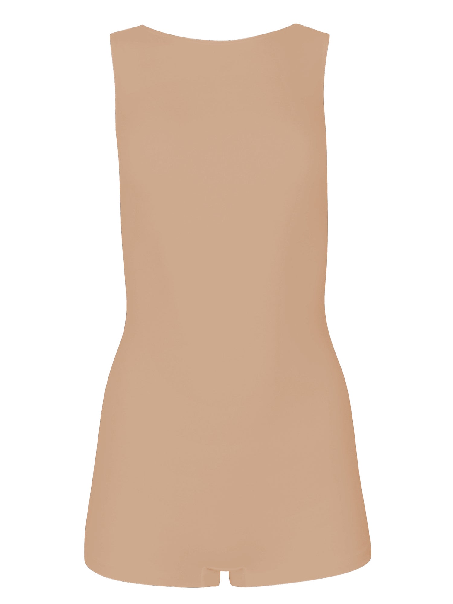 Model wearing a reversible caramel brown boyleg bodysuit with scoop and boat necklines, women's bamboo clothing