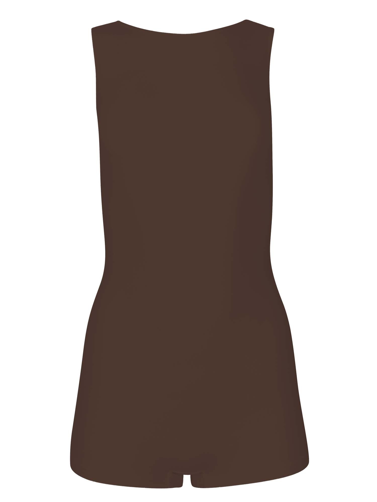 Model wearing a reversible cocoa brown boyleg bodysuit with scoop and boat necklines, women's bamboo clothing