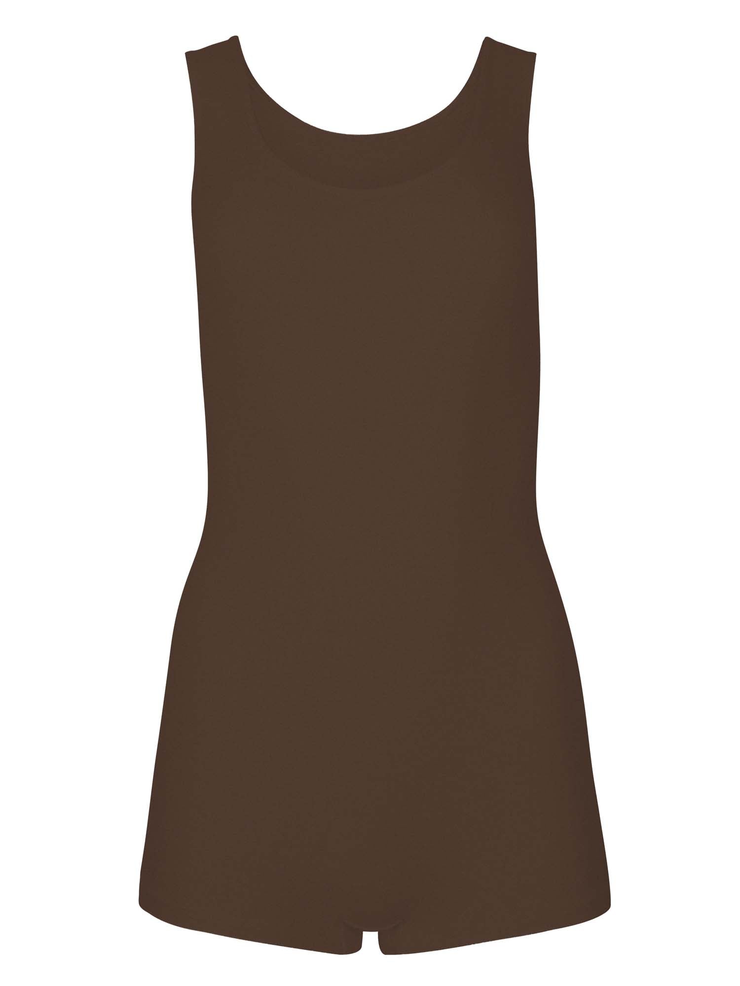 Model wearing a reversible cocoa brown boyleg bodysuit with scoop and boat necklines, women's bamboo clothing
