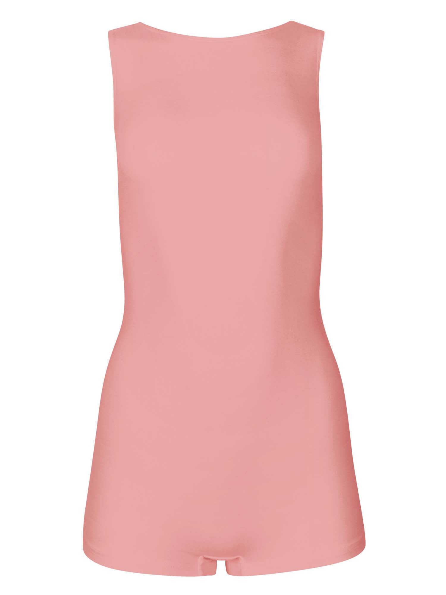Model wearing a reversible dusty pink boyleg bodysuit with scoop and boat necklines, women's bamboo clothing