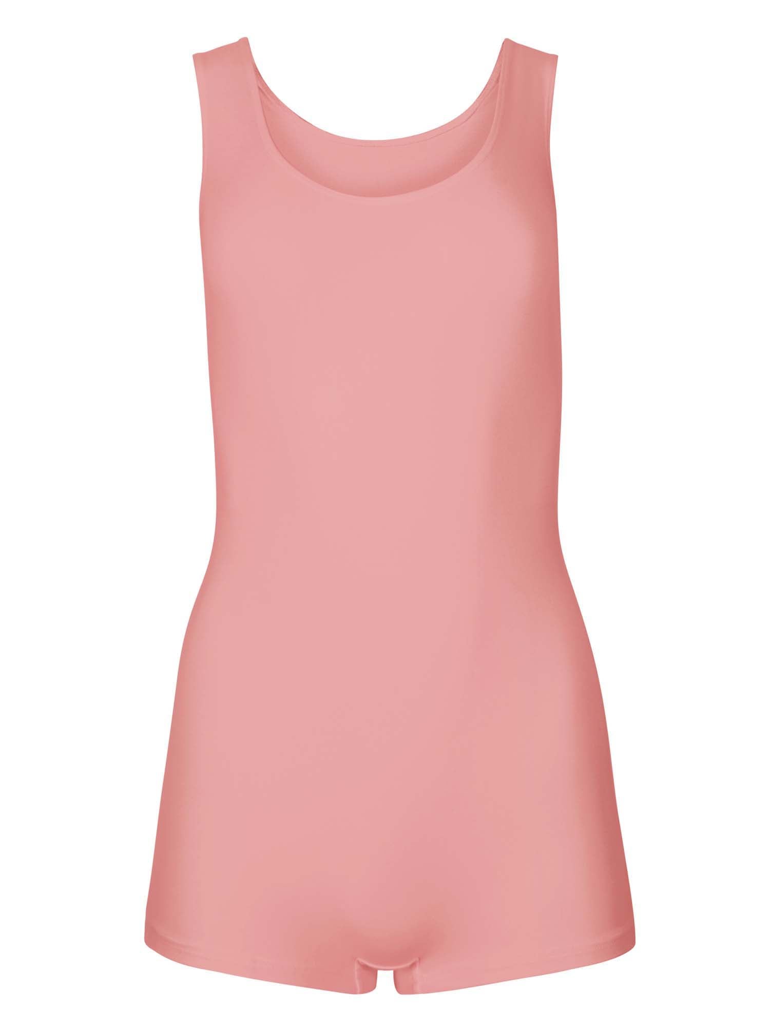 Model wearing a reversible dusty pink boyleg bodysuit with scoop and boat necklines, women's bamboo clothing