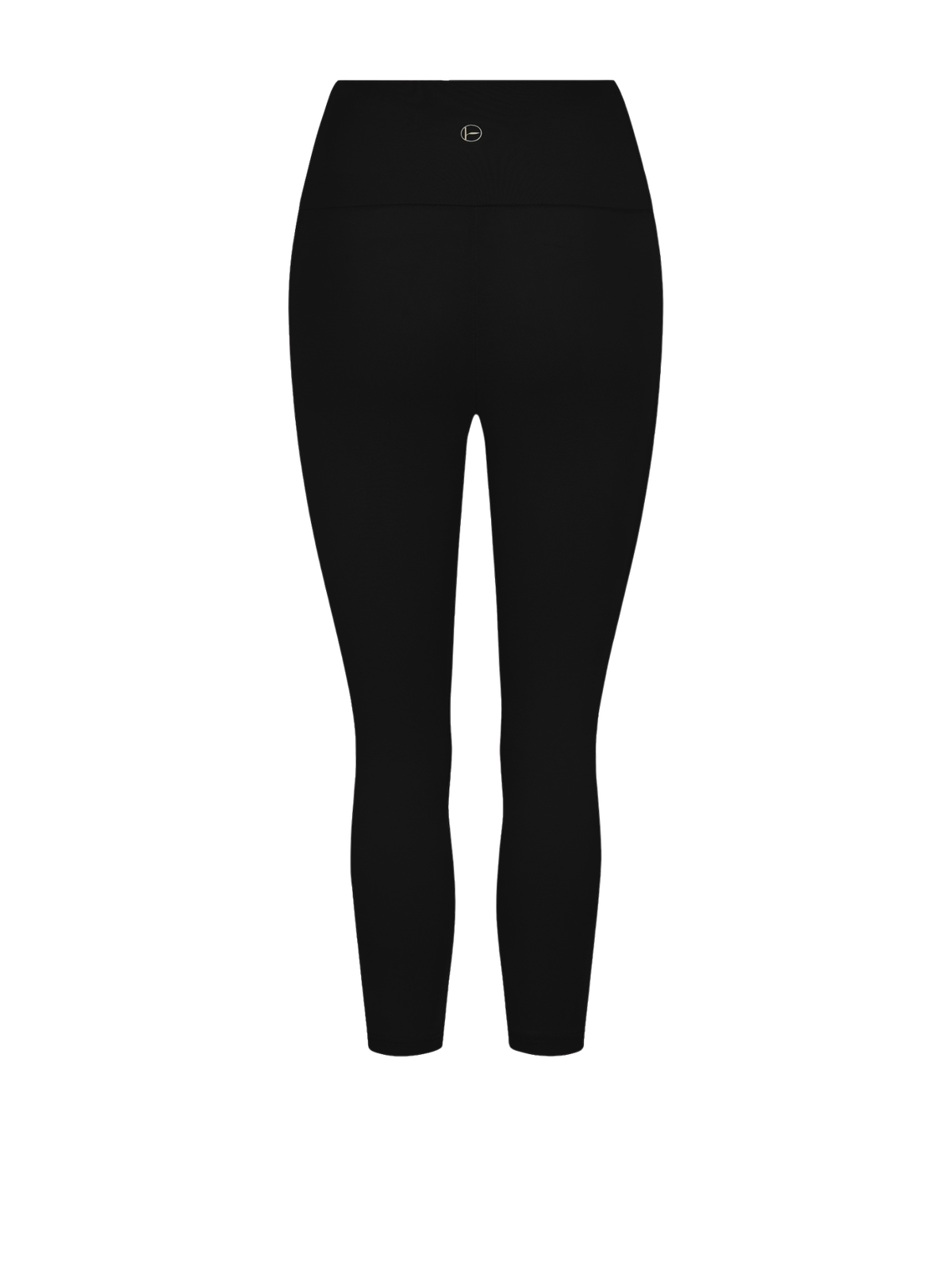 A pair of high-waisted, 3/4 length leggings in a black shown on a plain white background.