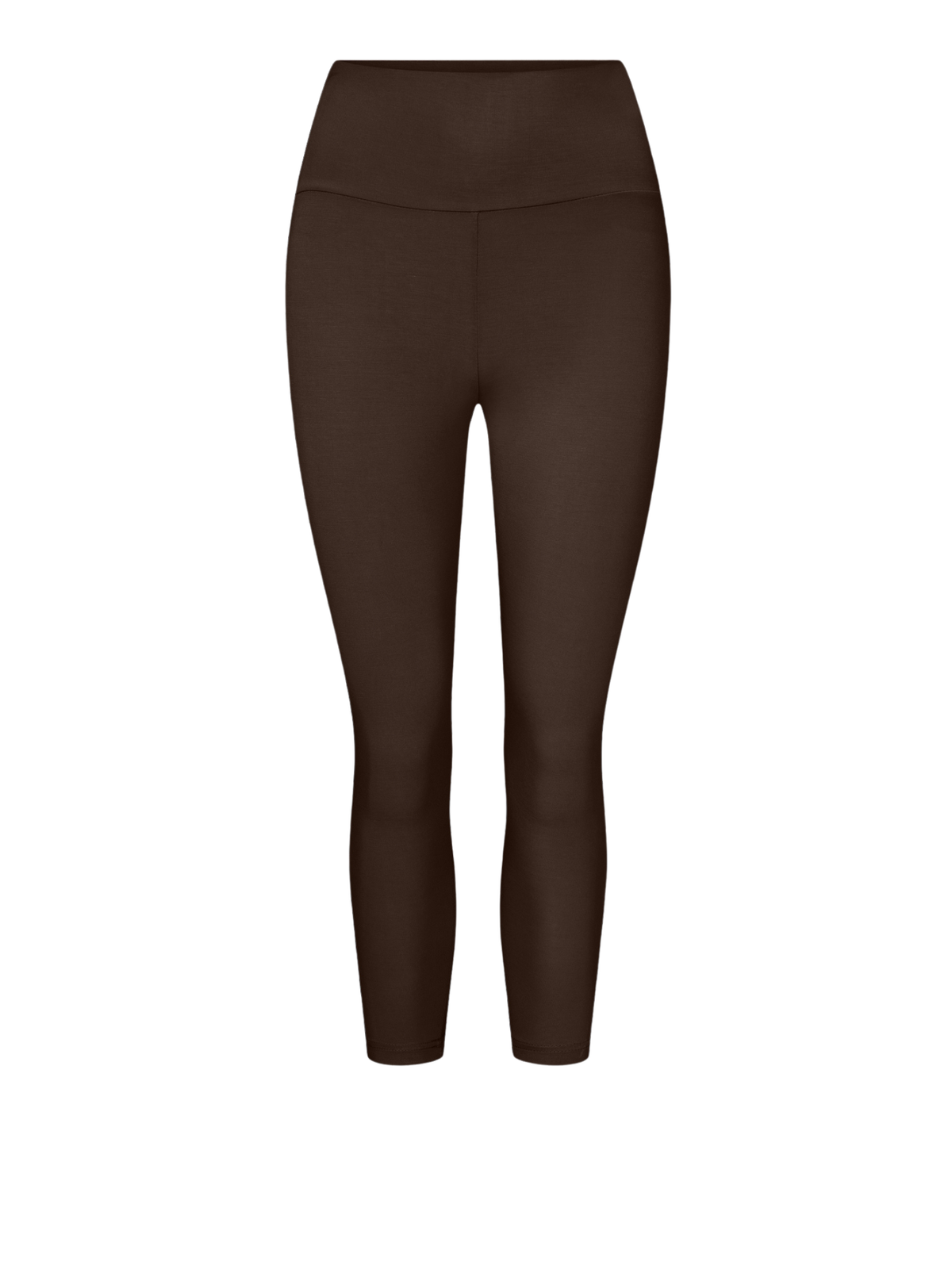 A pair of high-waisted, 3/4 length leggings in a dark brown shown on a plain white background.