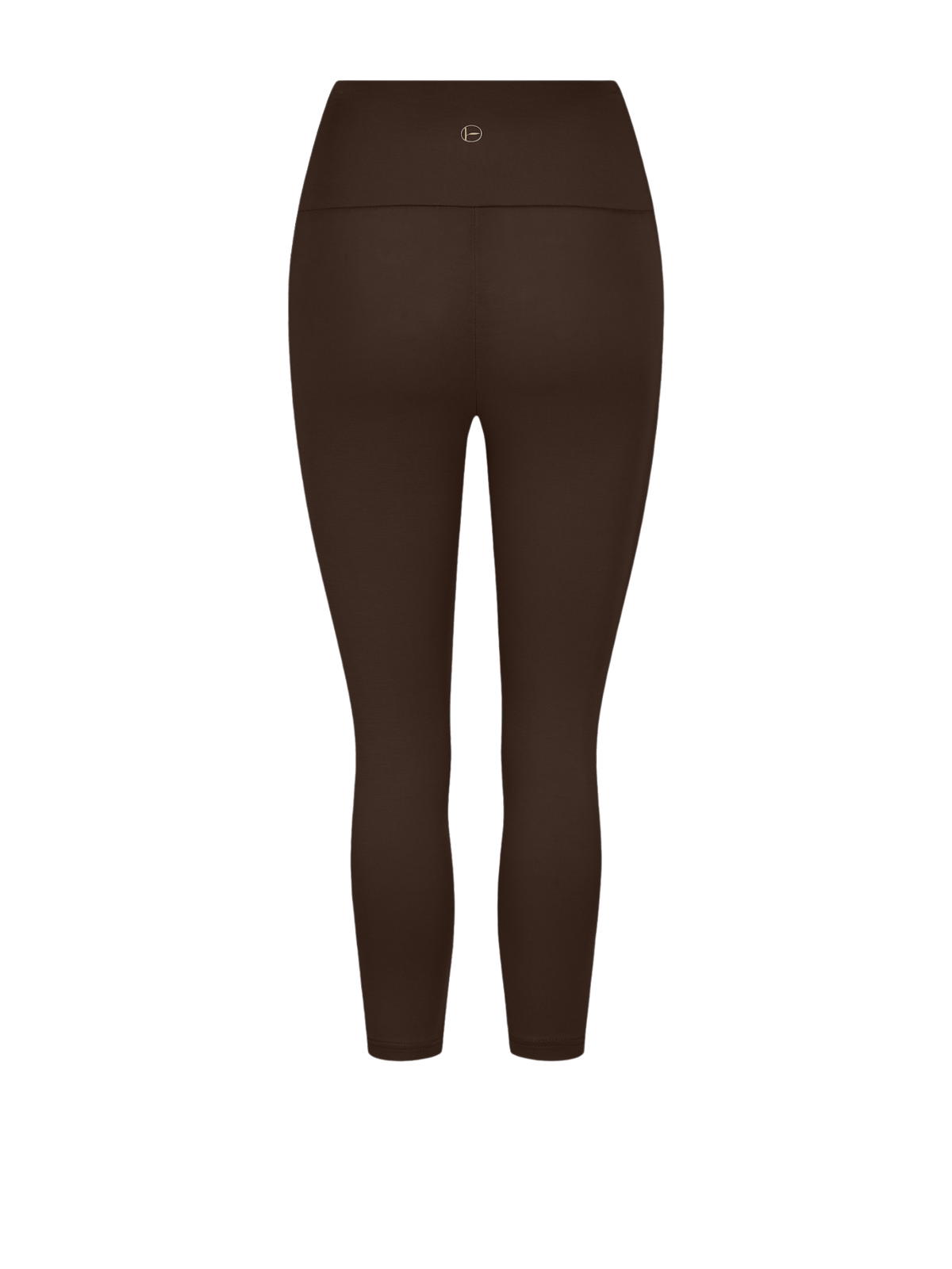 A pair of high-waisted, 3/4 length leggings in a dark brown shown on a plain white background.