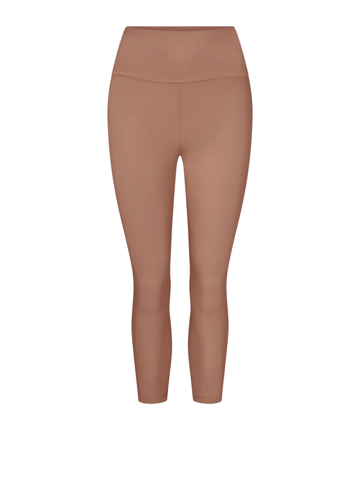 A pair of high-waisted, 3/4 length leggings in a solid warm tan shown on a plain white background.