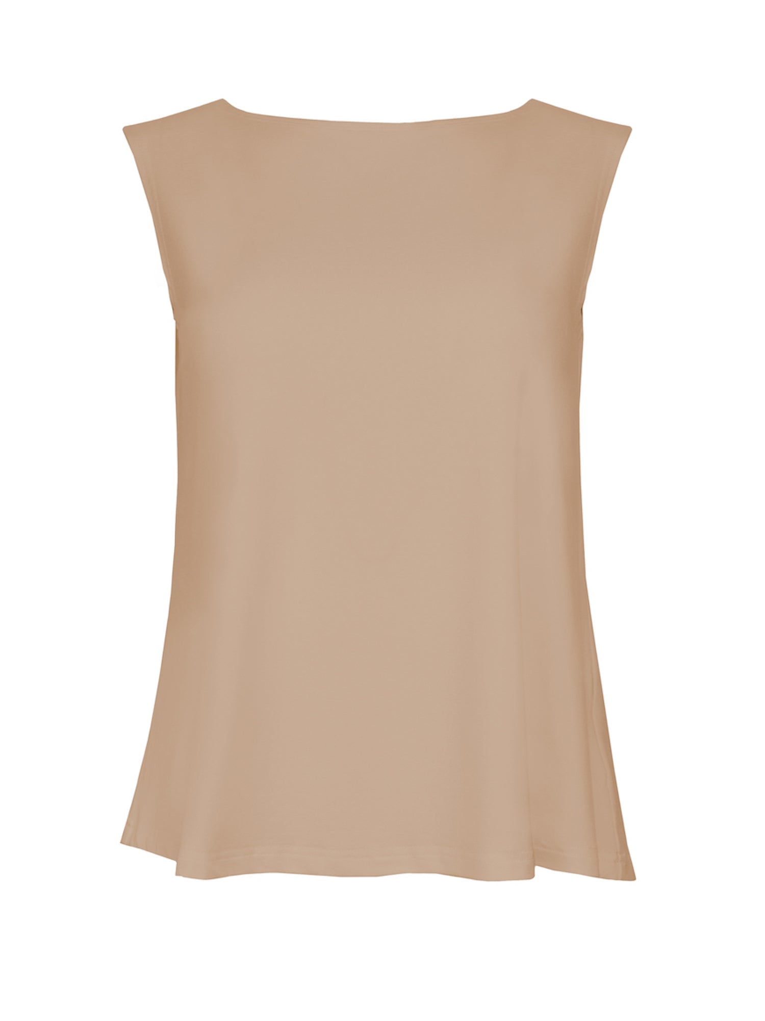Model wearing a caramel brown coloured boat neck singlet with wide shoulder coverage, women's bamboo clothing