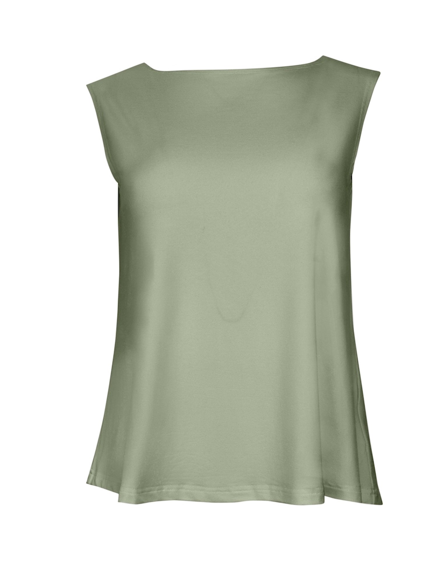 Model wearing a eucalyptus green boat neck singlet with wide shoulder coverage, women's bamboo clothing