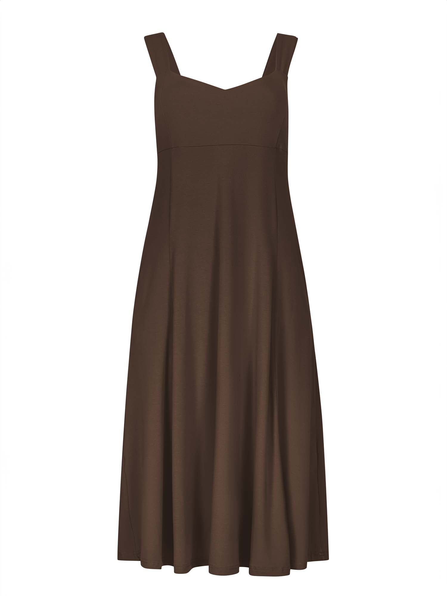 Model wearing a cocoa brown mid length swing style dress with a sweetheart neckline,women's bamboo clothing
