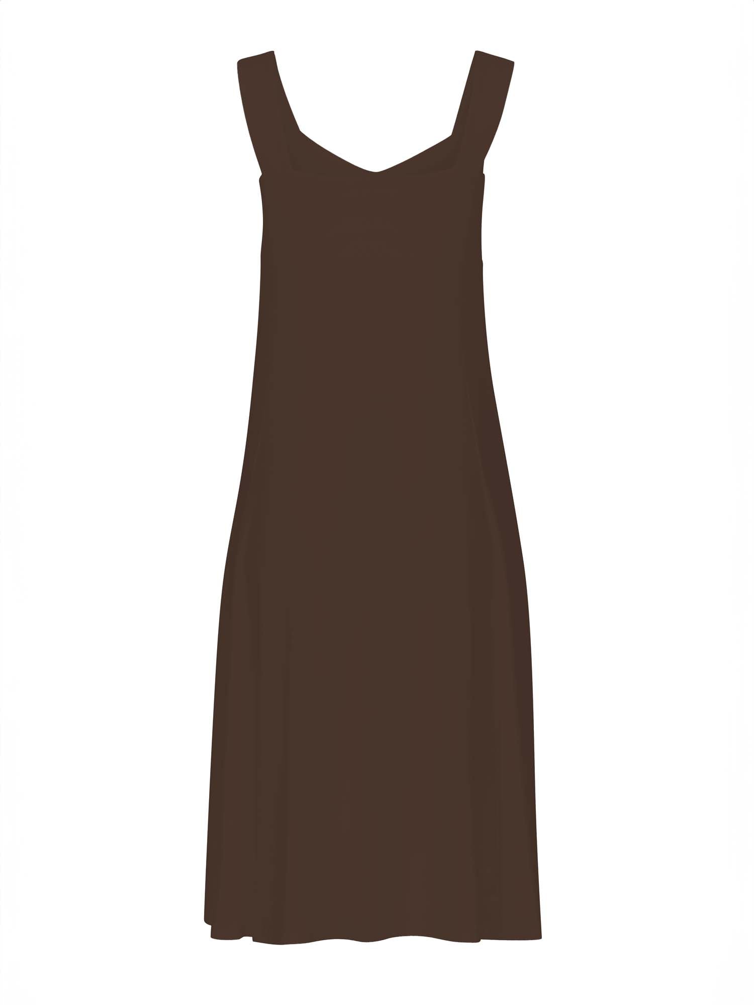 Model wearing a cocoa brown mid length swing style dress with a sweetheart neckline,women's bamboo clothing