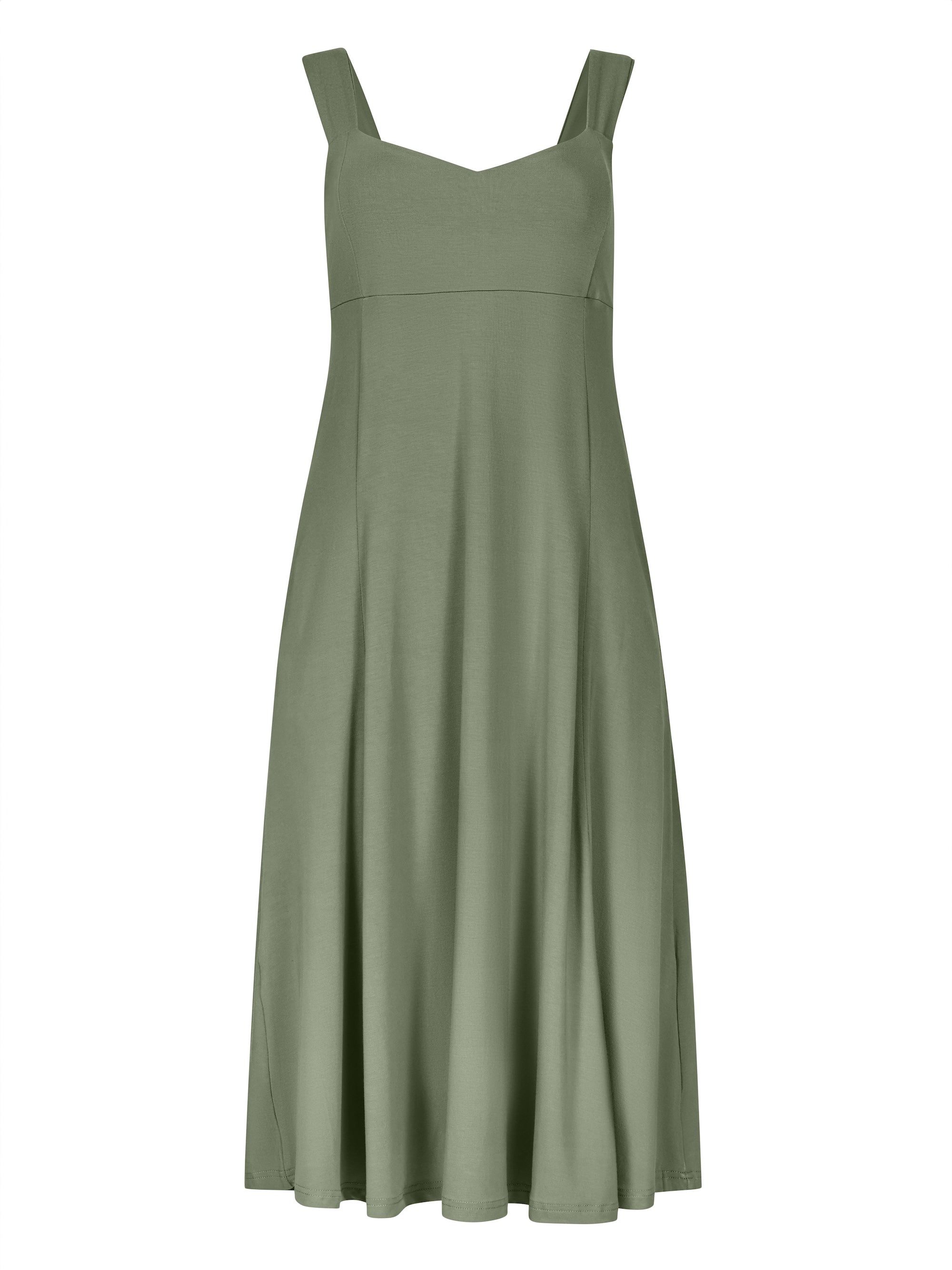 Model wearing a eucalyptus green mid length swing style dress with a sweetheart neckline and pockets, women's bamboo clothing