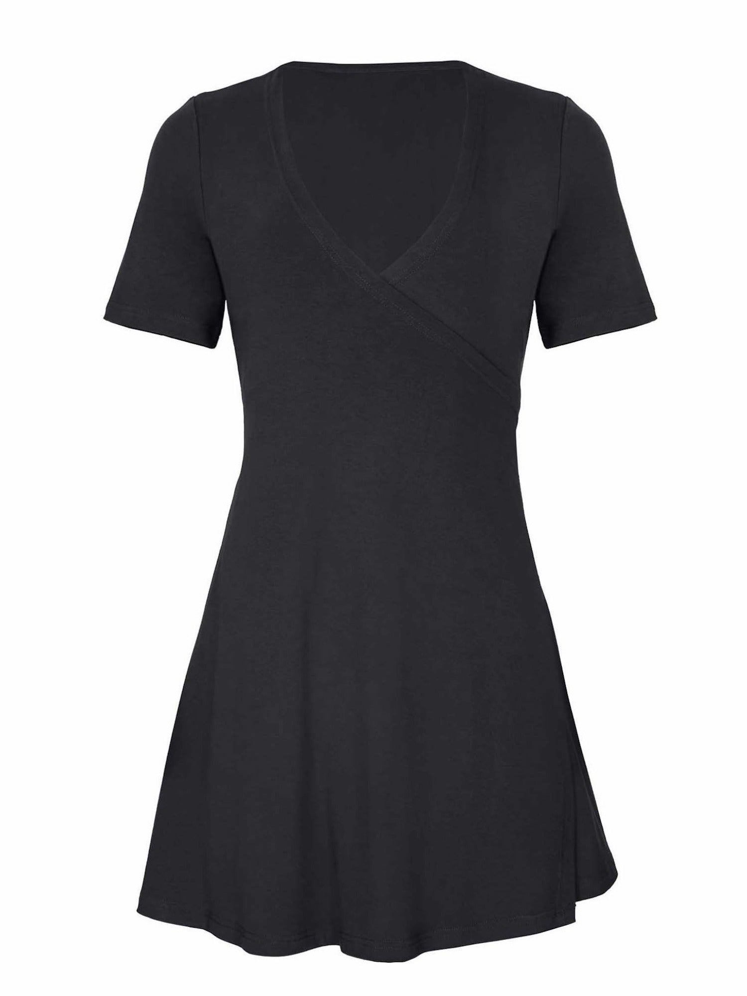 black mini wrap dress with a plunge neckline and t-shirt length sleeves, women's bamboo clothing