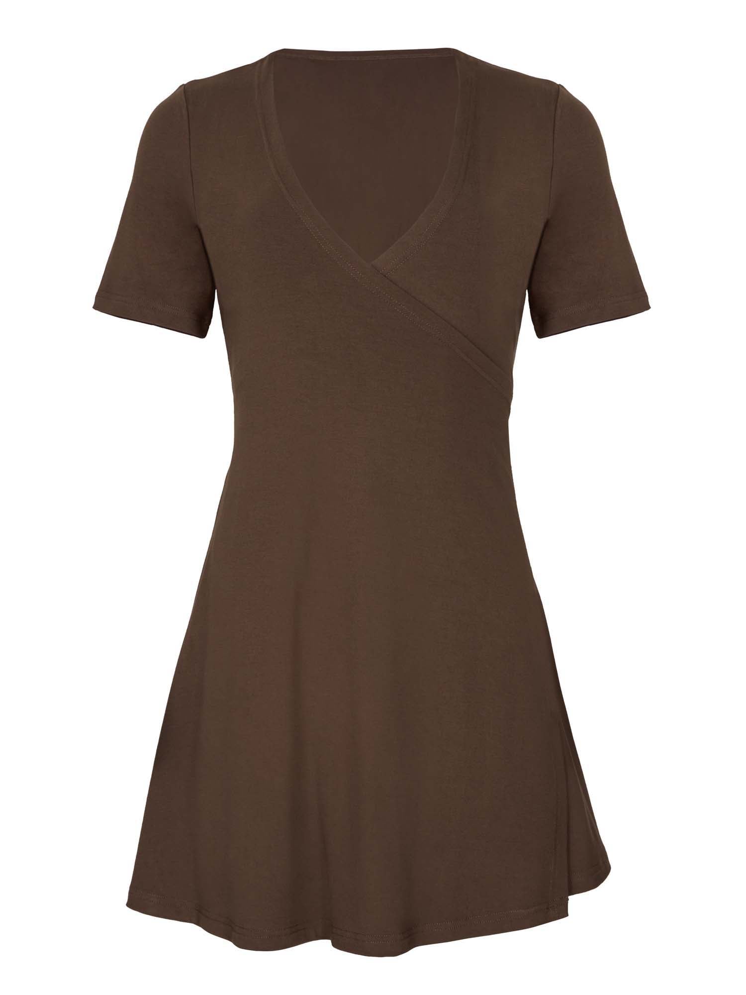 cocoa brown mini wrap dress with a plunge neckline and tshirt length sleeves, women's bamboo clothing