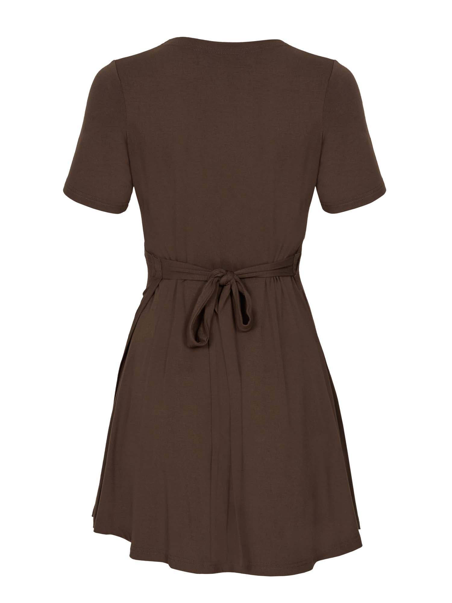 cocoa brown mini wrap dress with a plunge neckline and tshirt length sleeves, women's bamboo clothing