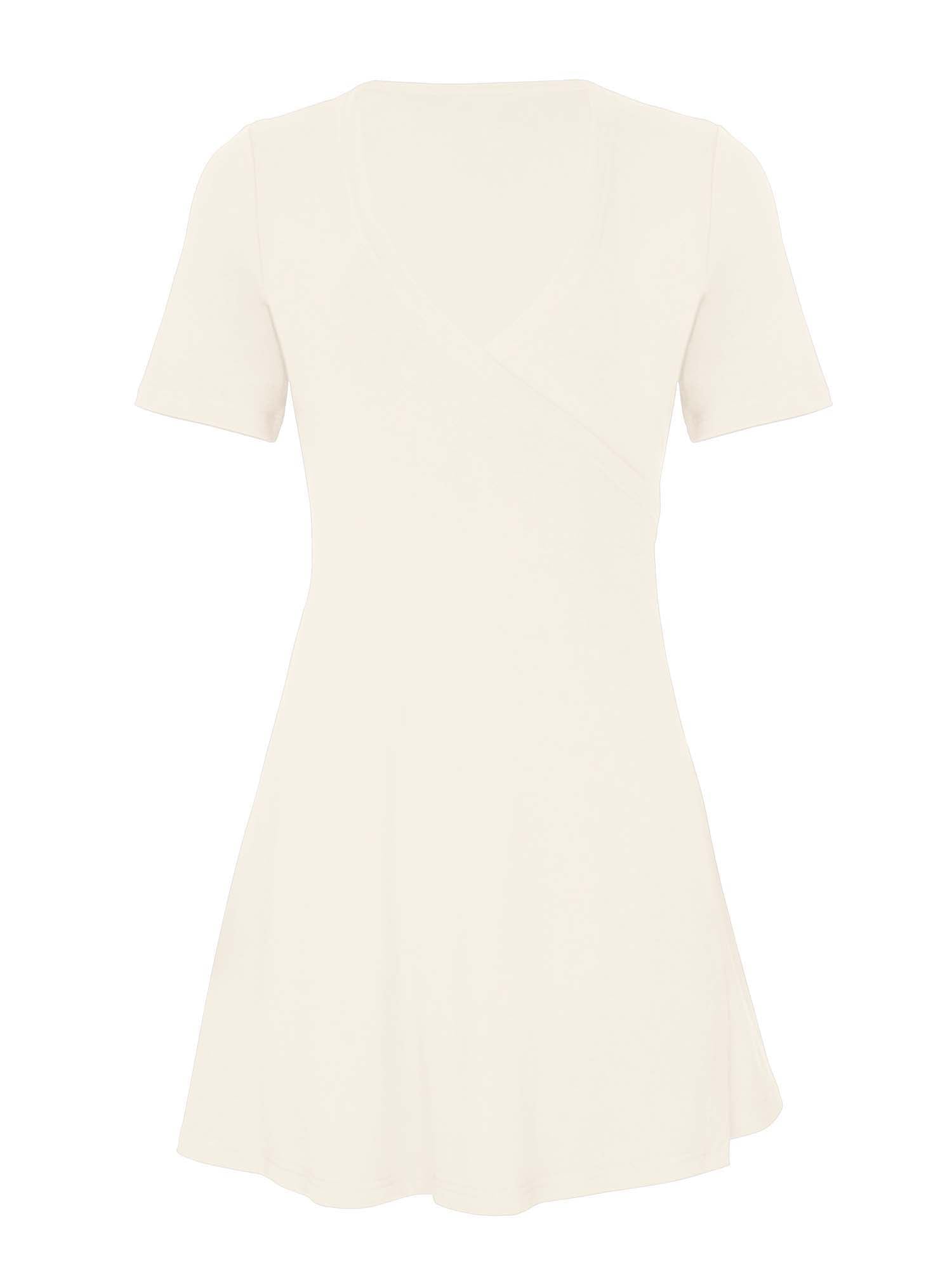 cream mini wrap dress with a plunge neckline and tshirt length sleeves, women's bamboo clothing