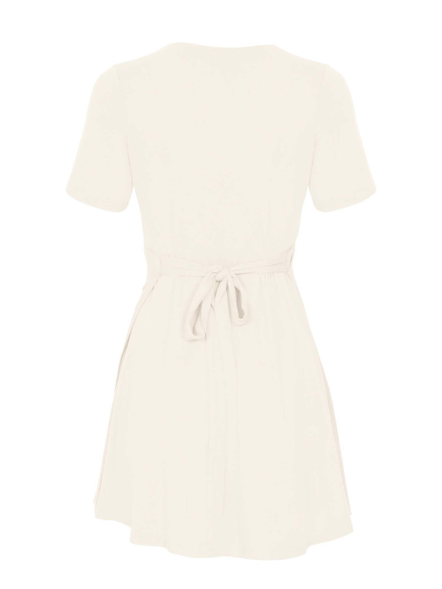 cream mini wrap dress with a plunge neckline and tshirt length sleeves, women's bamboo clothing
