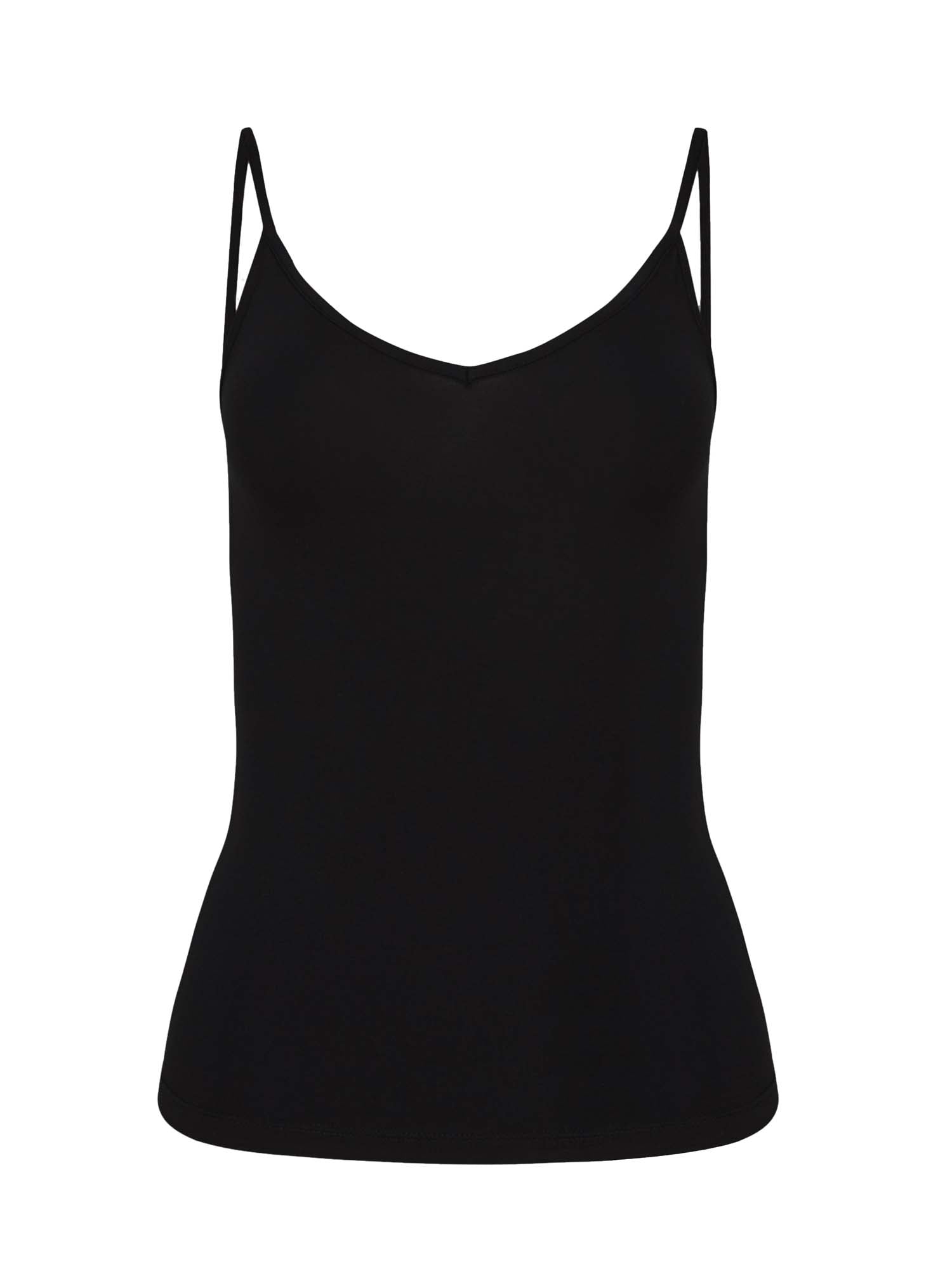 Model wearing a black layering singlet with camisole straps, v neckline and fitted body, women's bamboo clothing