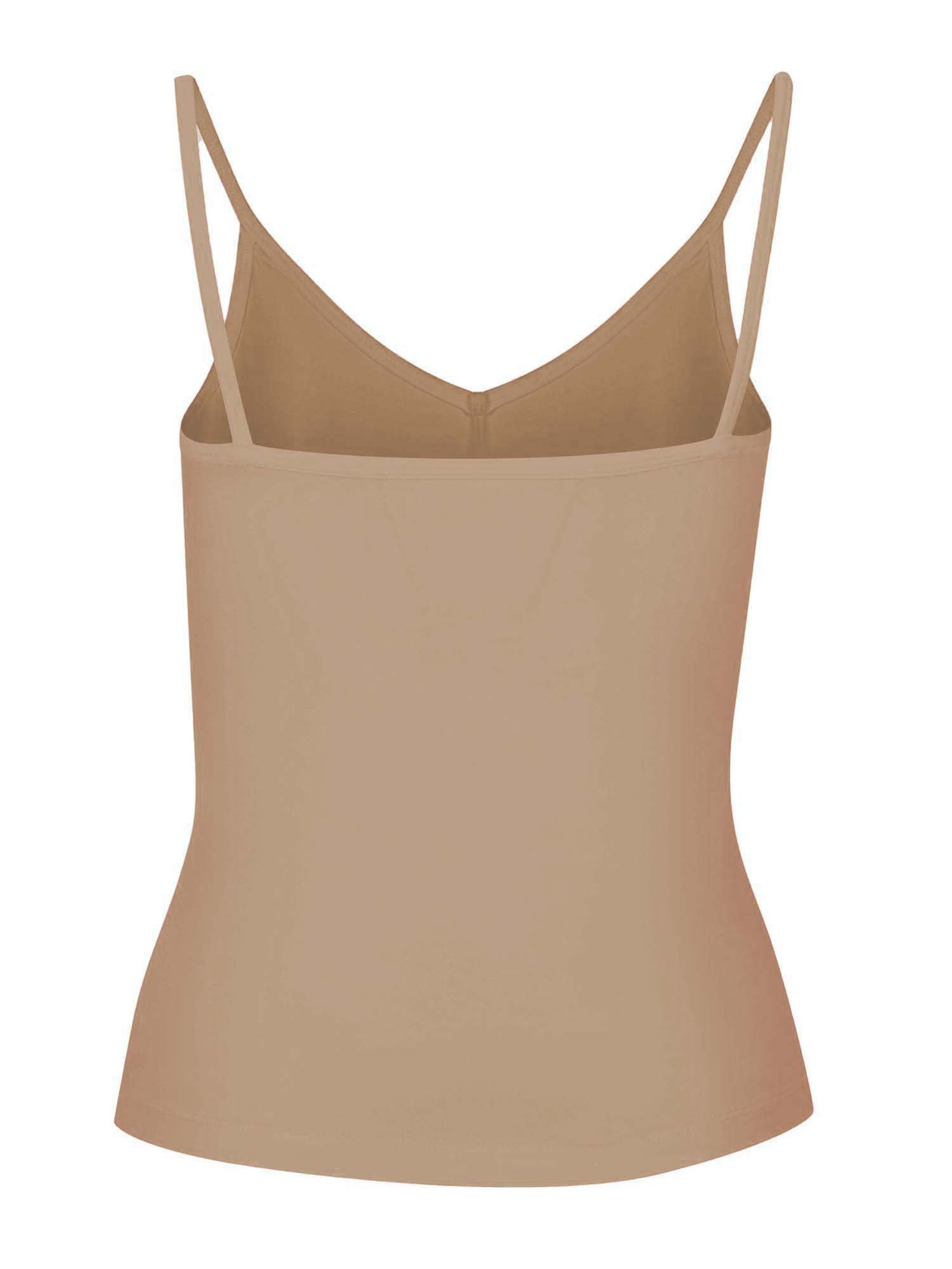 caramel brown layering singlet with camisole straps, v neckline and fitted body, women's bamboo clothing