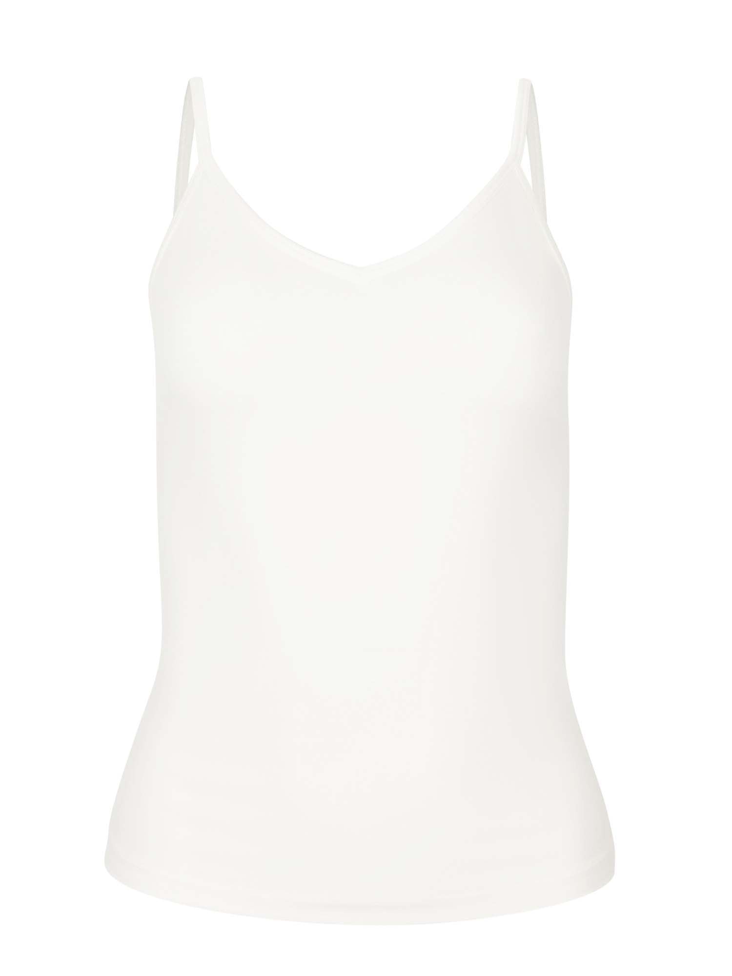 Model wearing a cream layering singlet with camisole straps, v neckline and fitted body, women's bamboo clothing
