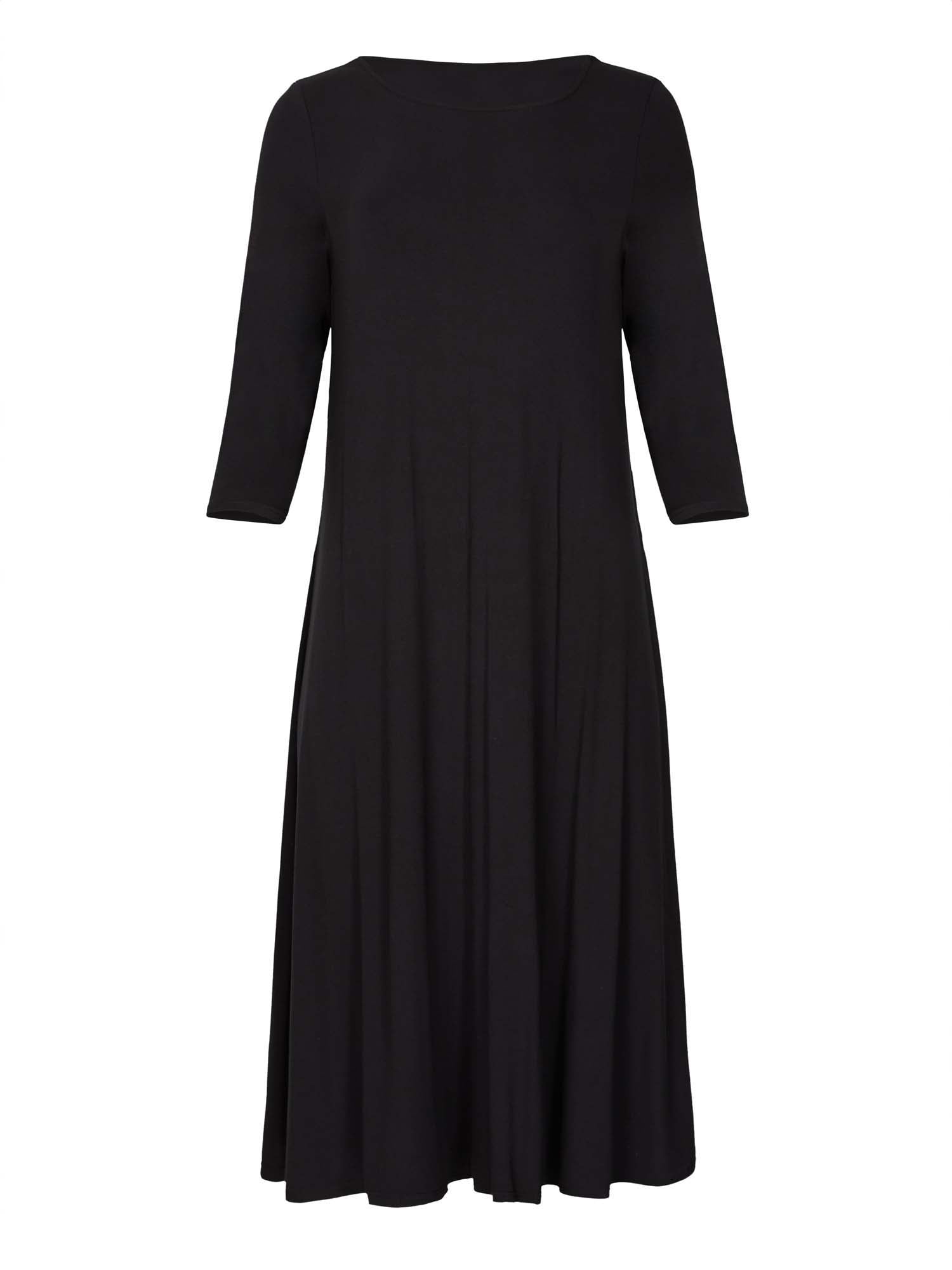 Model wearing a black mid sleeve 3/4 dress with a scoop neckline and generous swing in body, women's bamboo clothing