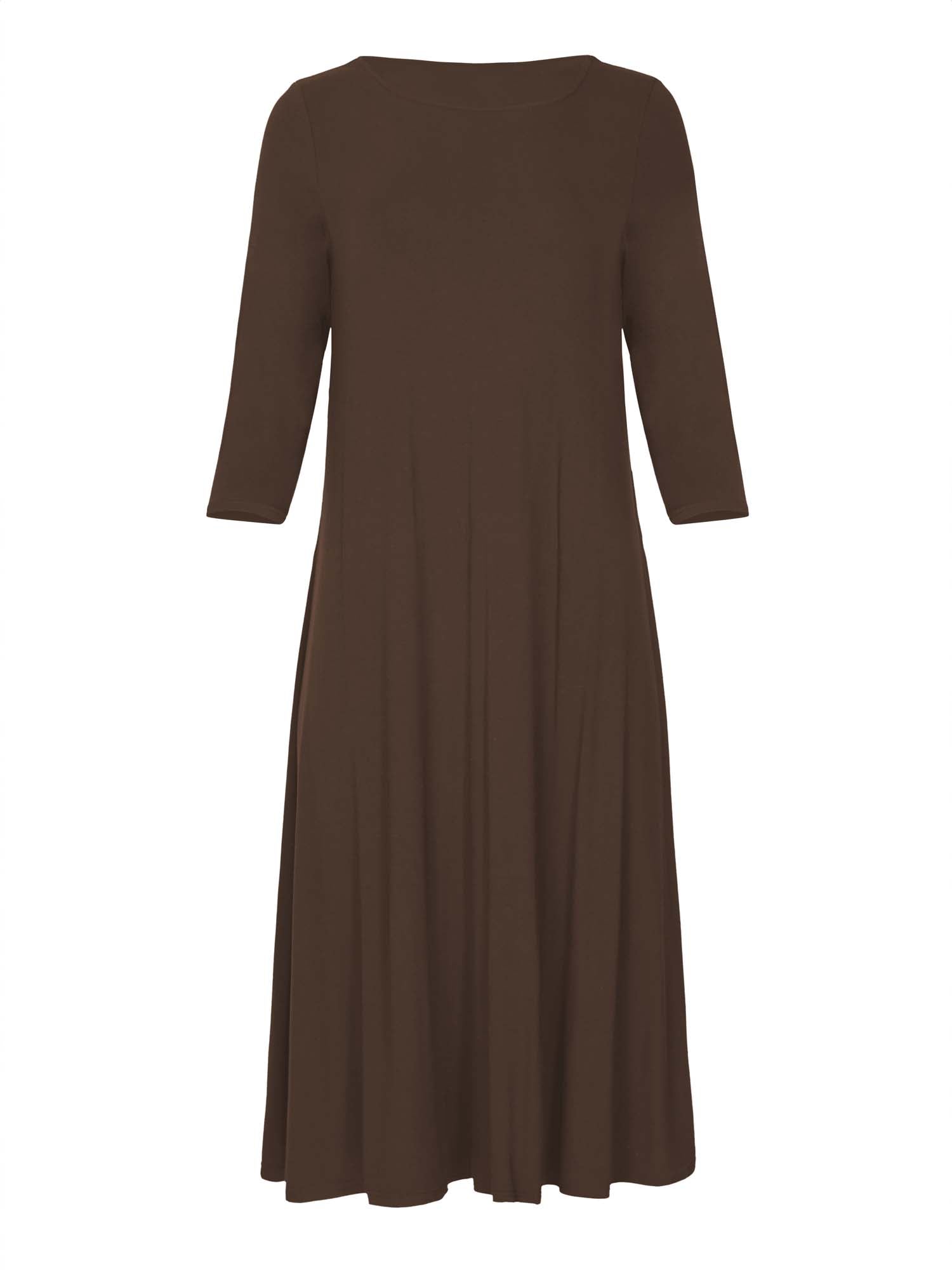 Model wearing a cocoa brown mid sleeve 3/4 dress with a scoop neckline and generous swing in body, women's bamboo clothing
