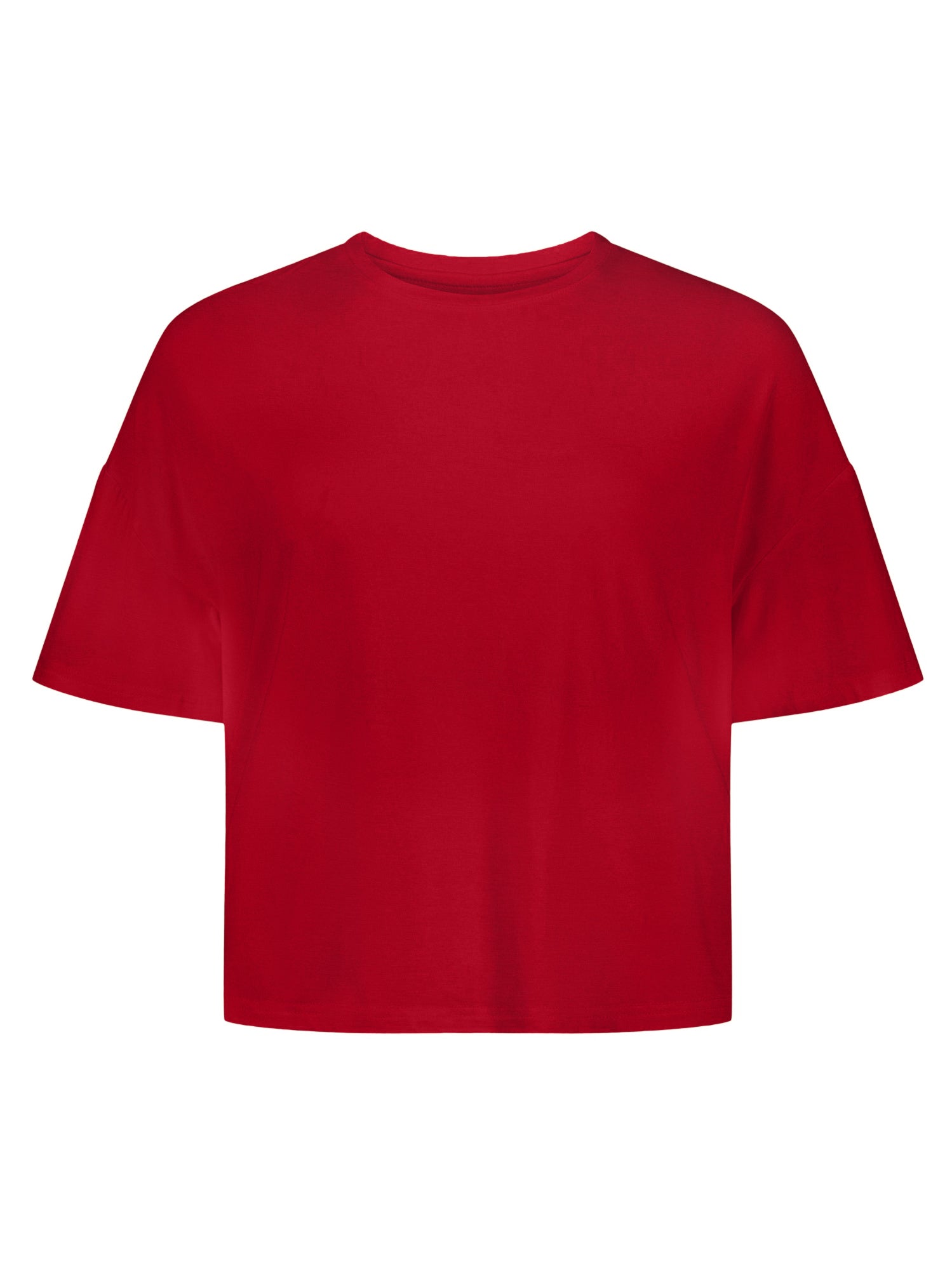 A chili pepper red bamboo lounge tee in a crew neck style with a slight crop length.