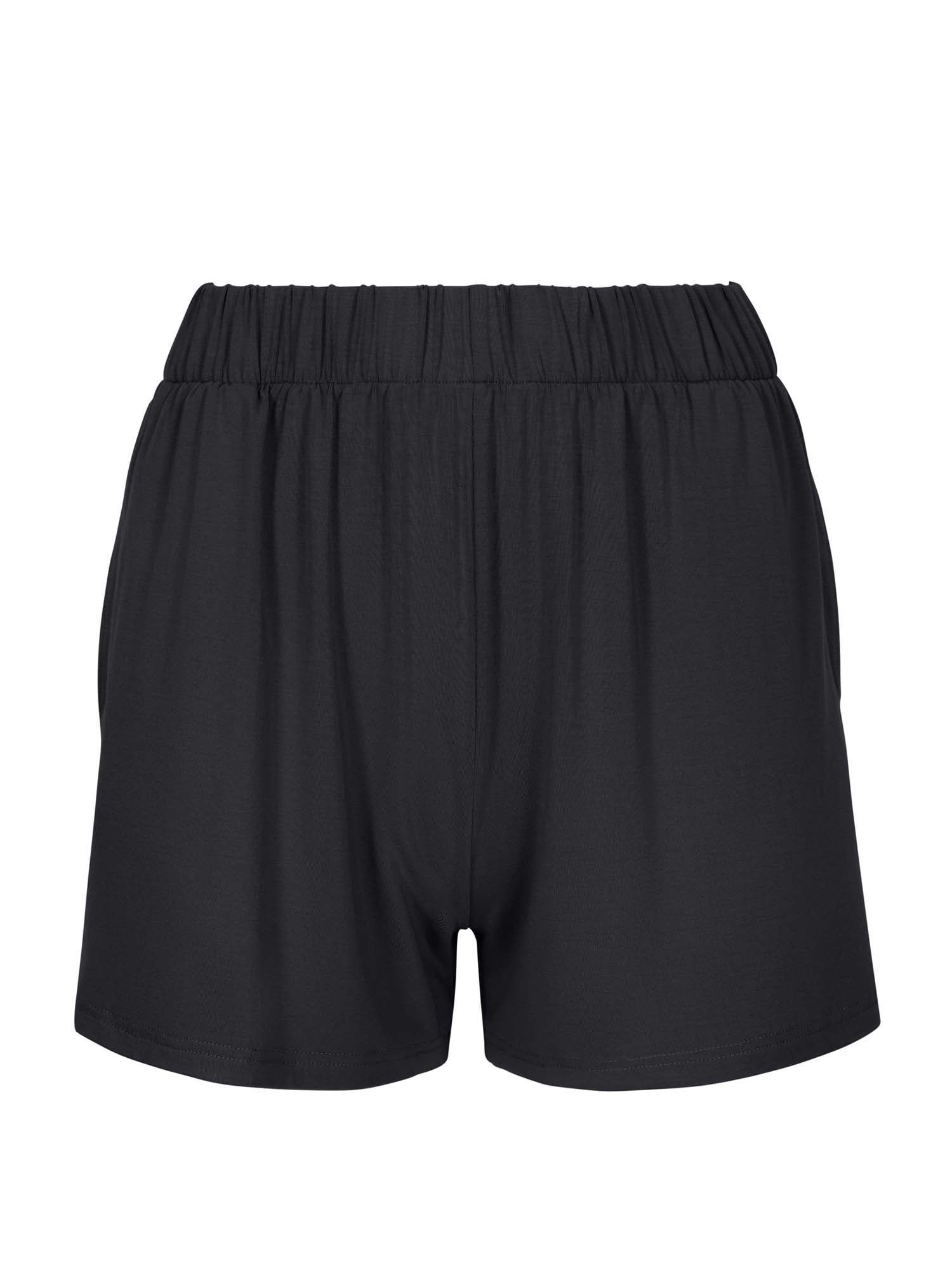 black everyday shorts with elasticated waist and relaxed mid thoigh length leg and invisible pockets, women's bamboo clothing