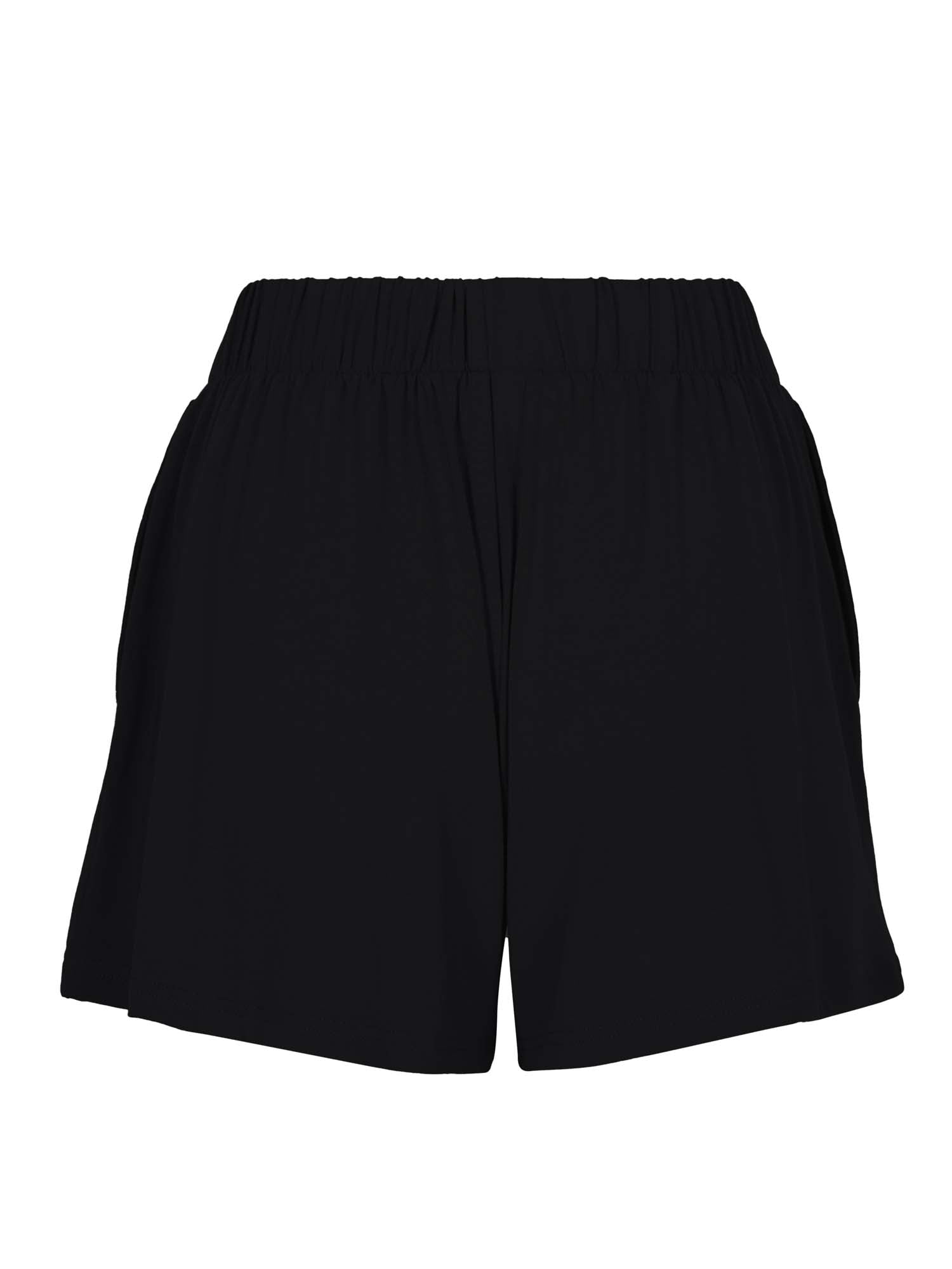 black everyday shorts with elasticated waist and relaxed mid thoigh length leg and invisible pockets, women's bamboo clothing
