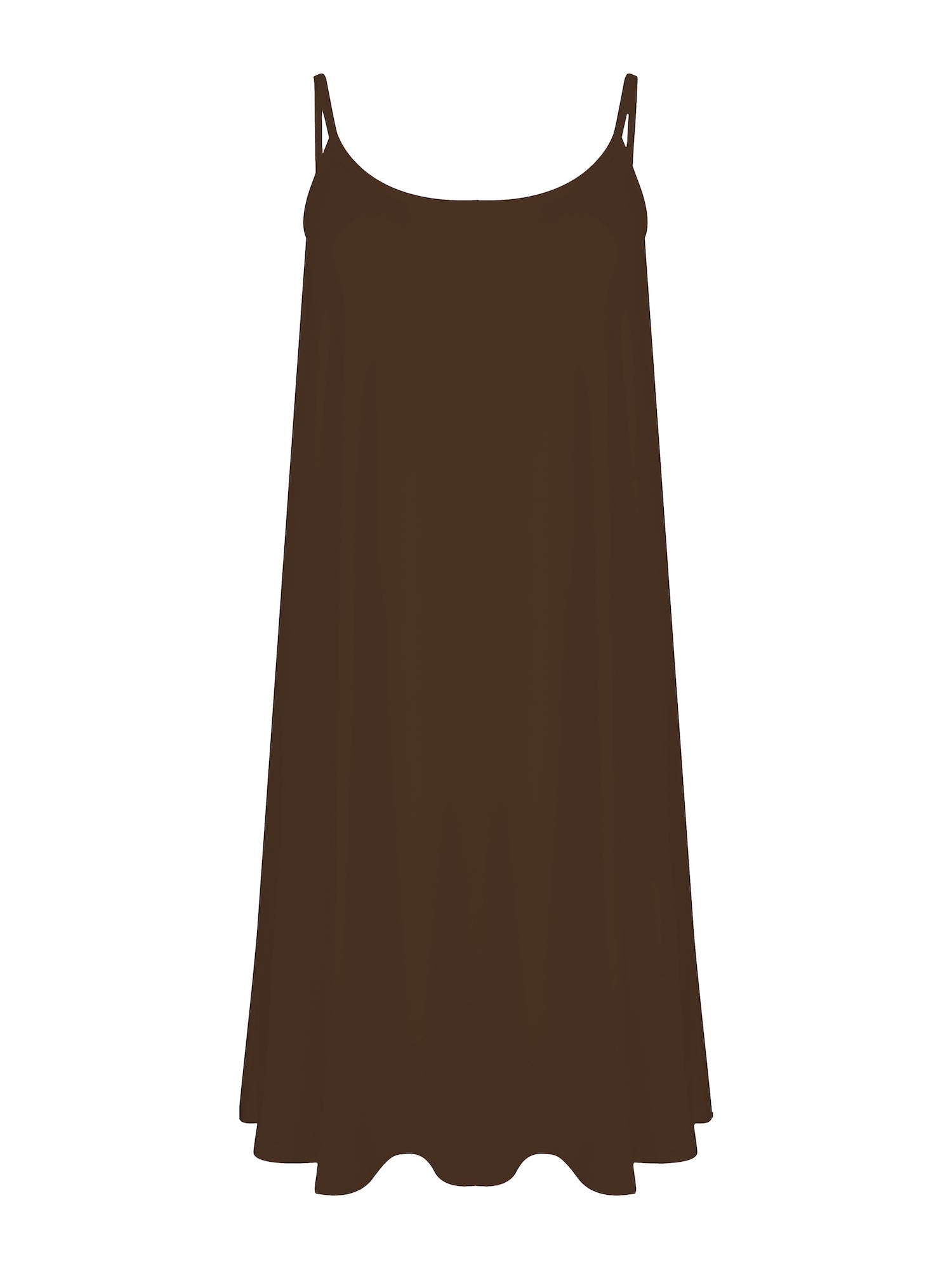 Model wearing a cocoa brown knee length swing style dress with a scoop neck and elasticated camisole straps, women's bamboo clothing