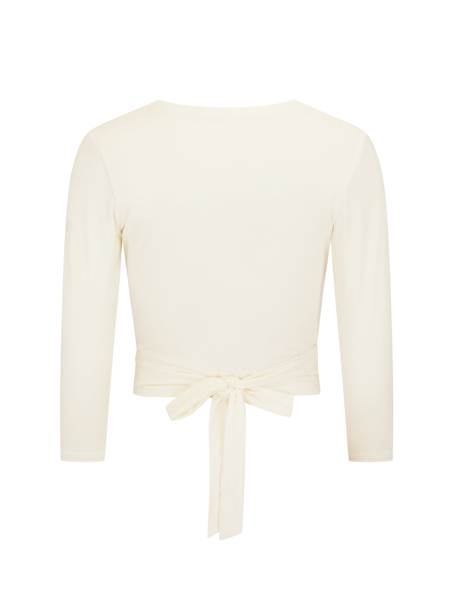 cream wrap around style ballet wrap top with plunge neckline and fitted 3/4 sleeves, and tie detail, women's bamboo clothing