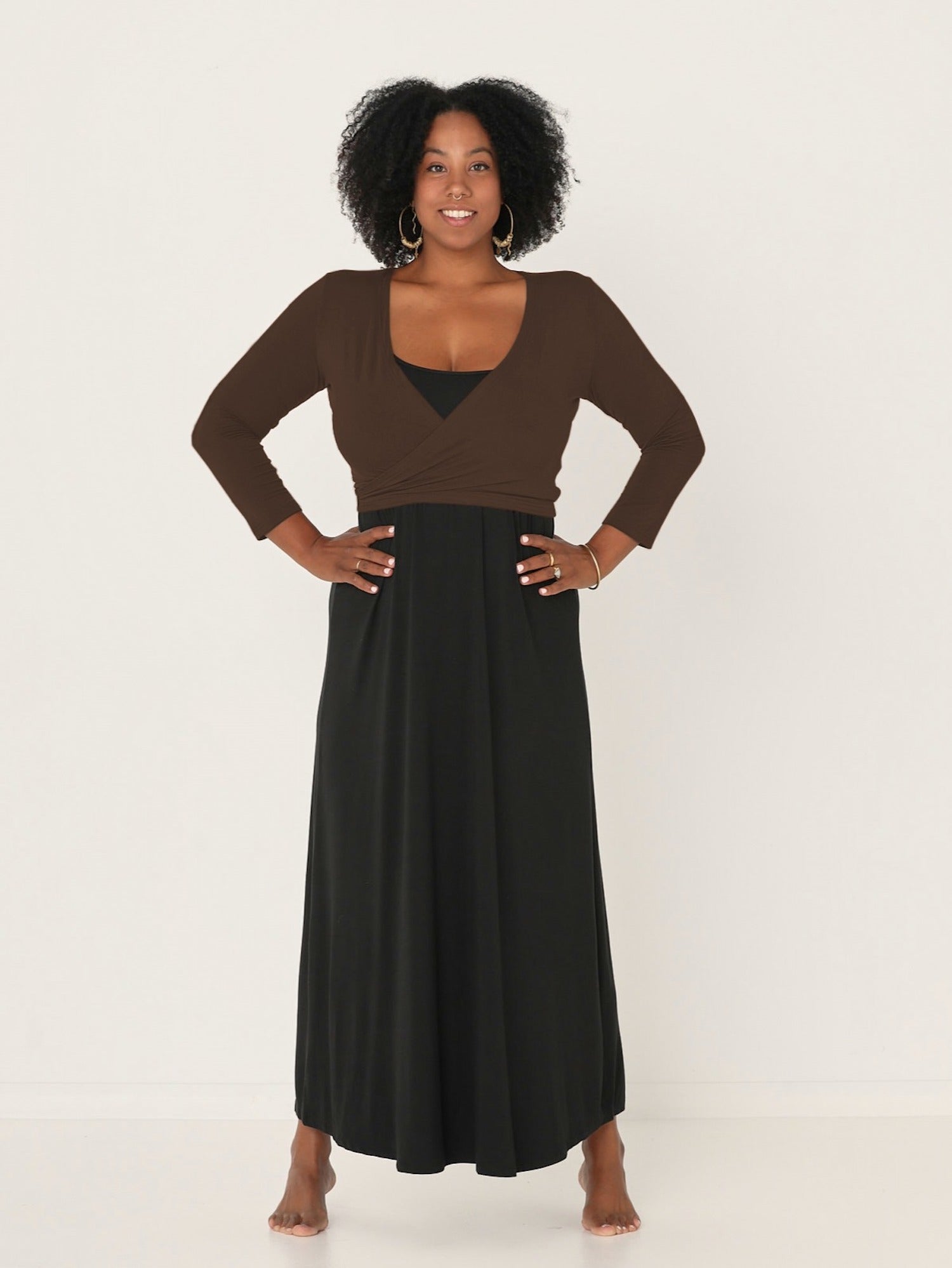 Model wearing a cocoa brown ballet wrap cardigan with plunge neckline and fitted 3/4 sleeves, women's bamboo clothing