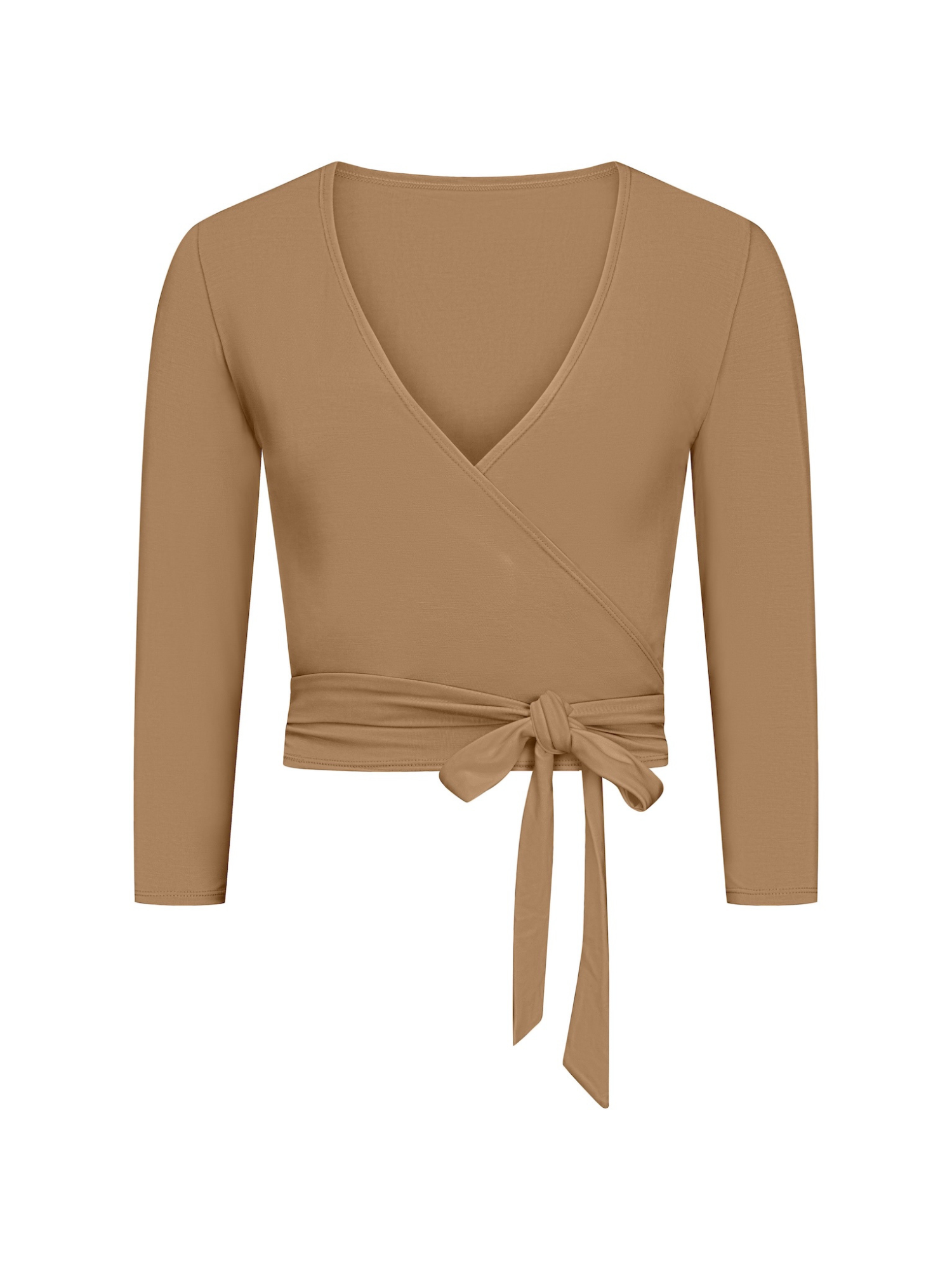 Bamboo toffee brown wrap top with long sleeves on a white background