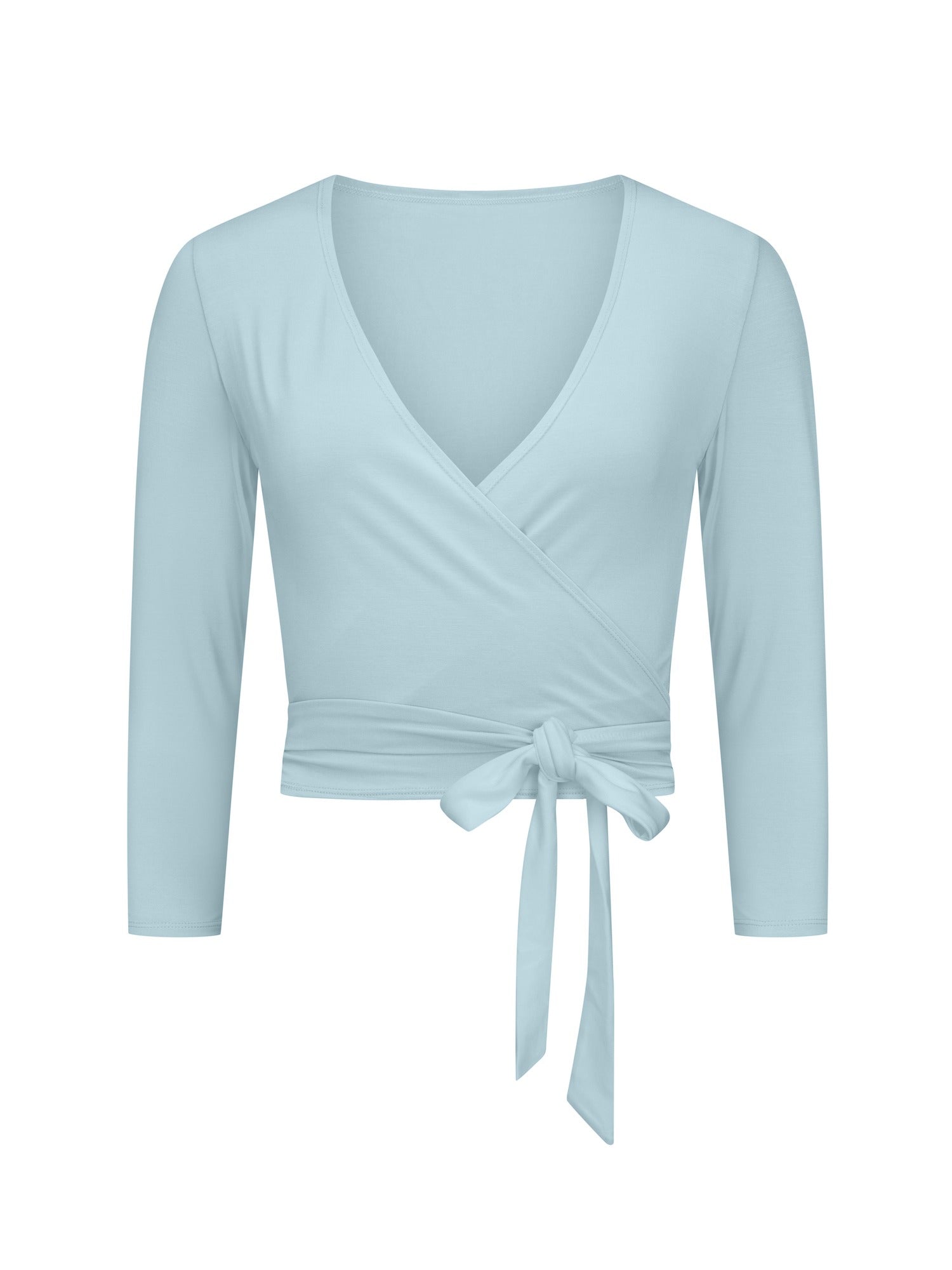 Light blue wrap top with a tie detail on a white background