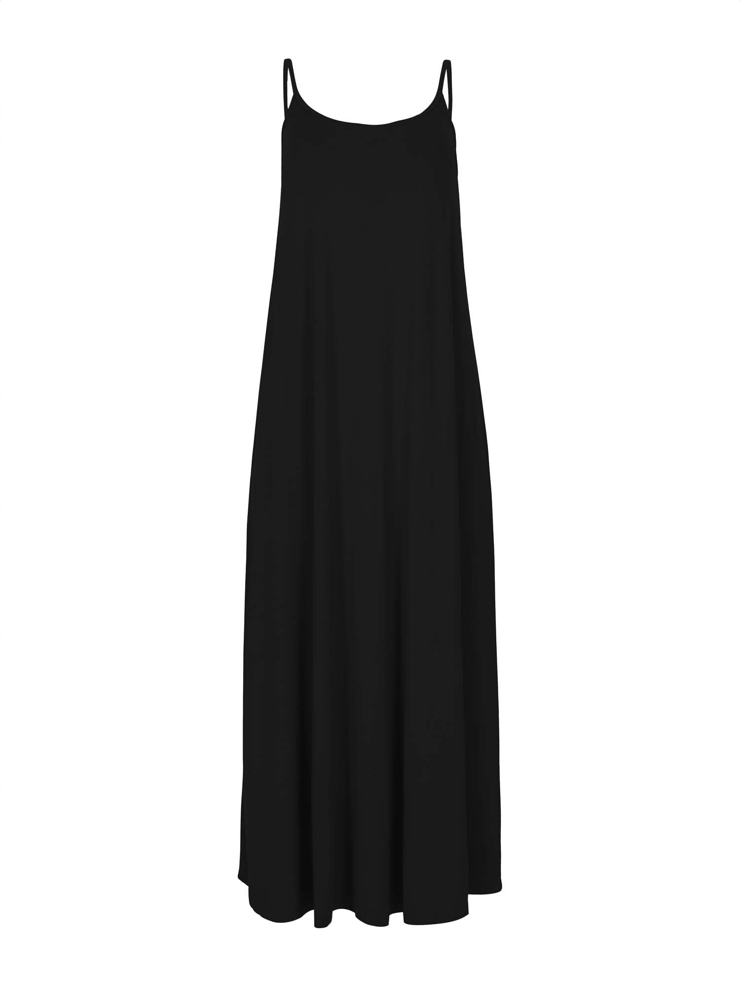 Model wearing a black swing maxi dress with a scoop neck and elasticated camisole straps, women's bamboo clothing