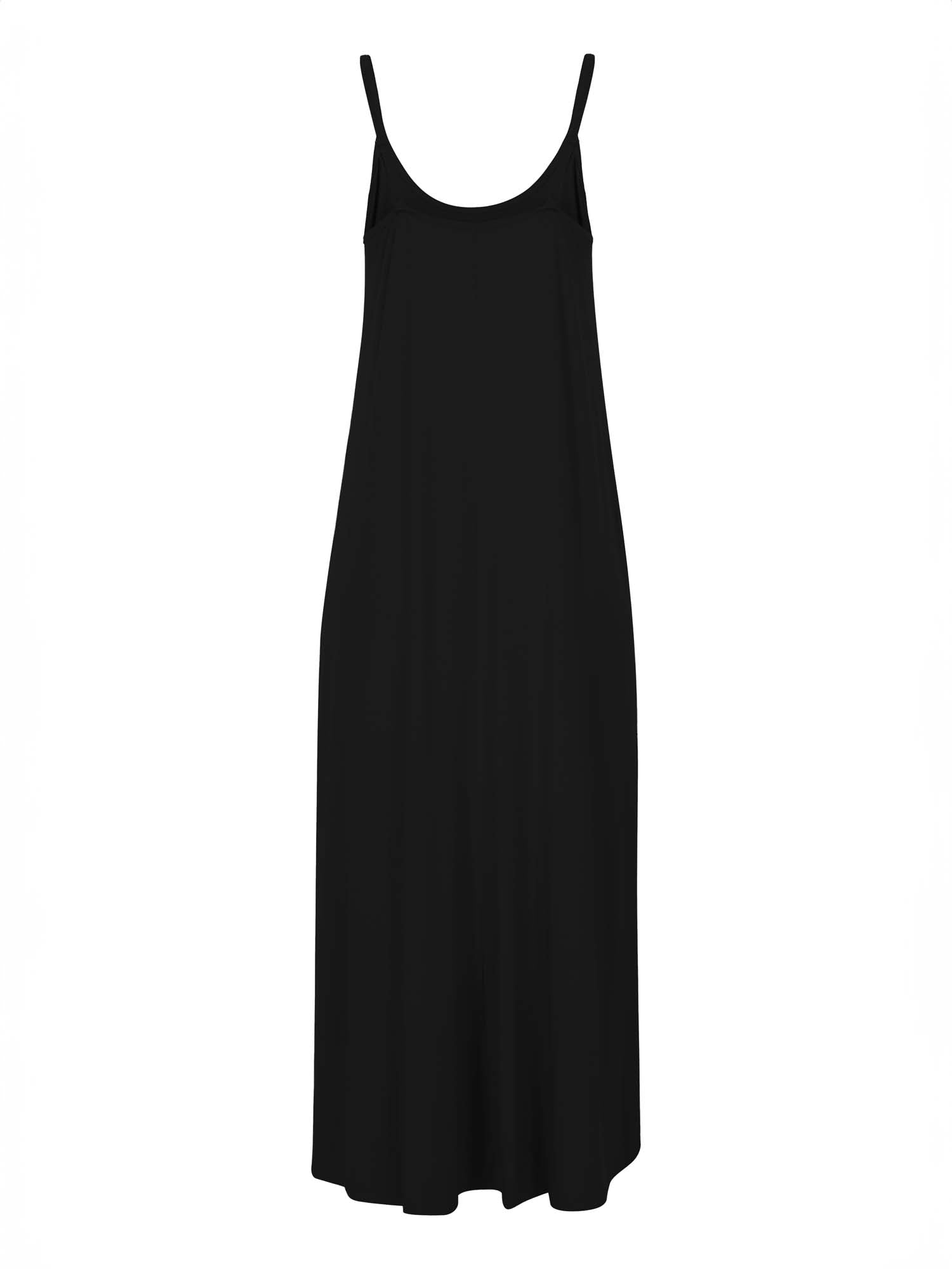 Model wearing a black swing maxi dress with a scoop neck and elasticated camisole straps, women's bamboo clothing