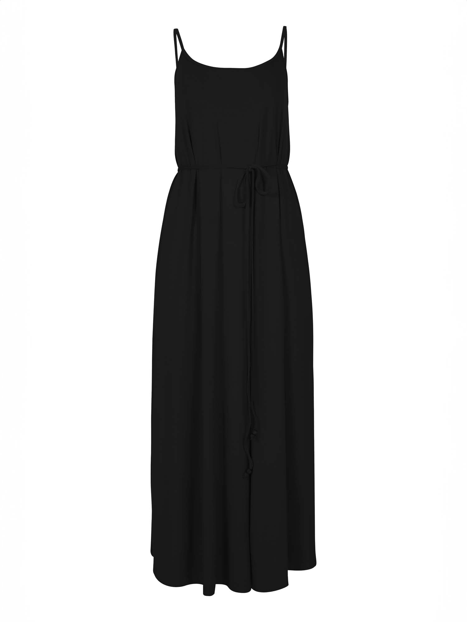 Model wearing a black swing maxi dress with a scoop neck and elasticated camisole straps, women's bamboo clothing