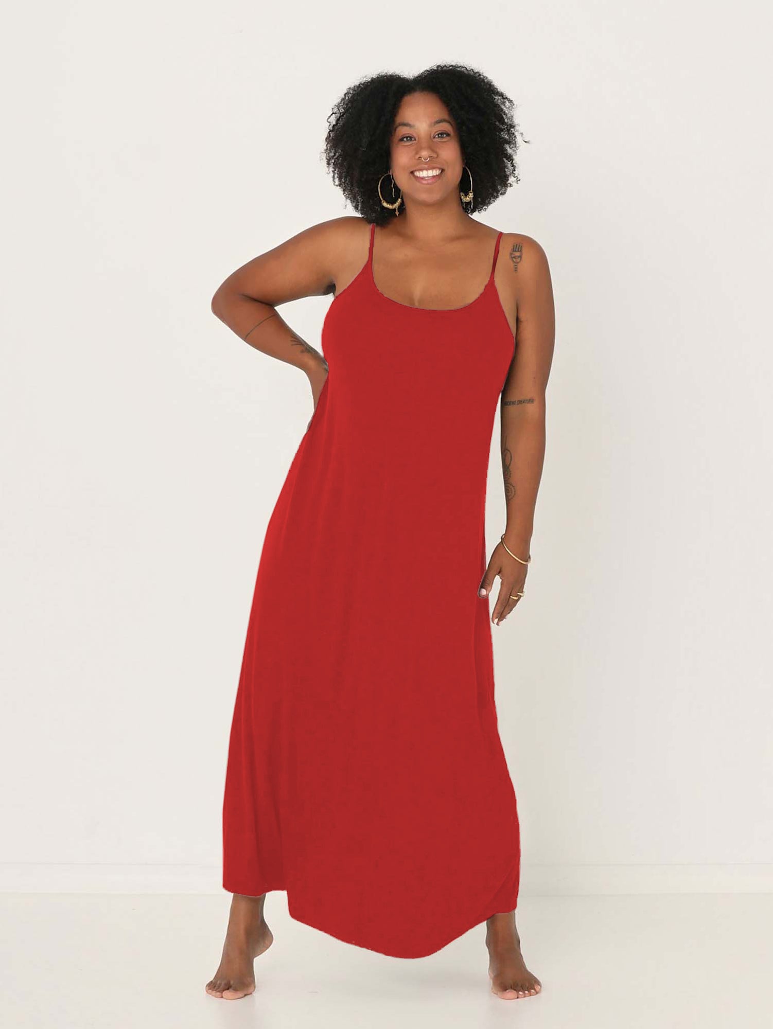 Model wears women's Bamboo swing maxi dress in chilli pepper red