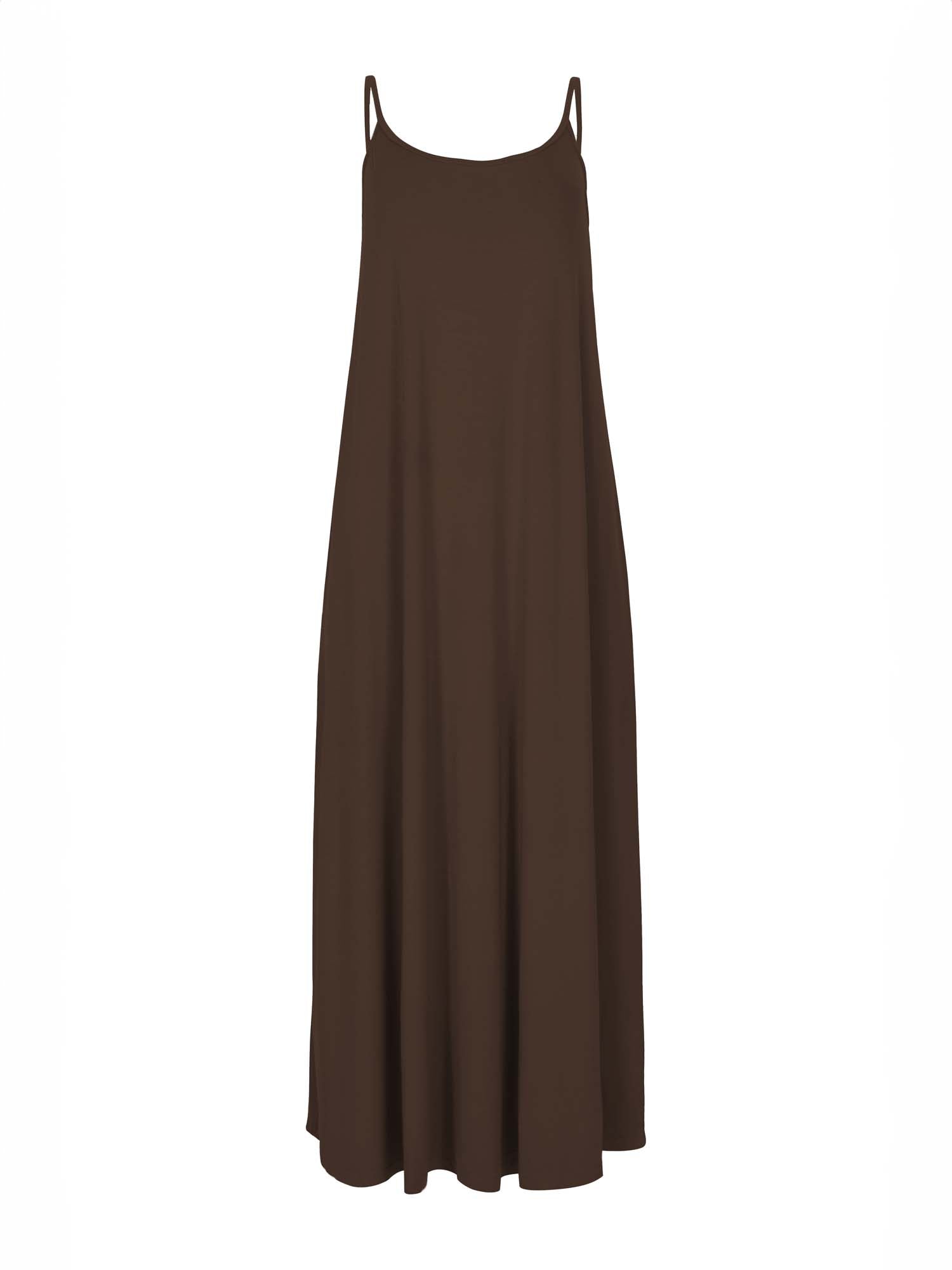 Model wearing a cocoa brown swing maxi dress with a scoop neck and elasticated camisole straps, women's bamboo clothing